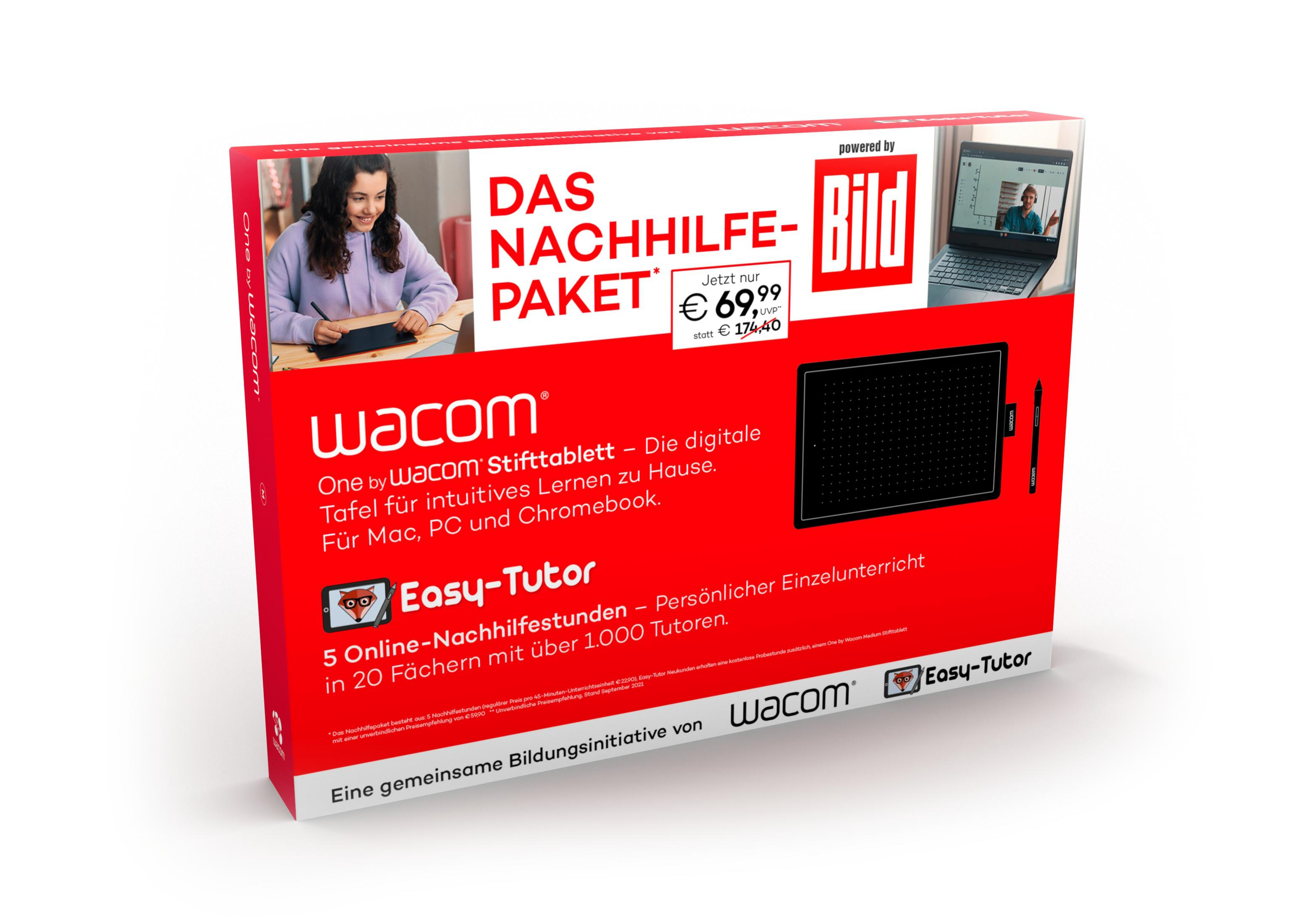 Scatola del tablet Wacom, con un design rosso e bianco, su sfondo bianco.
