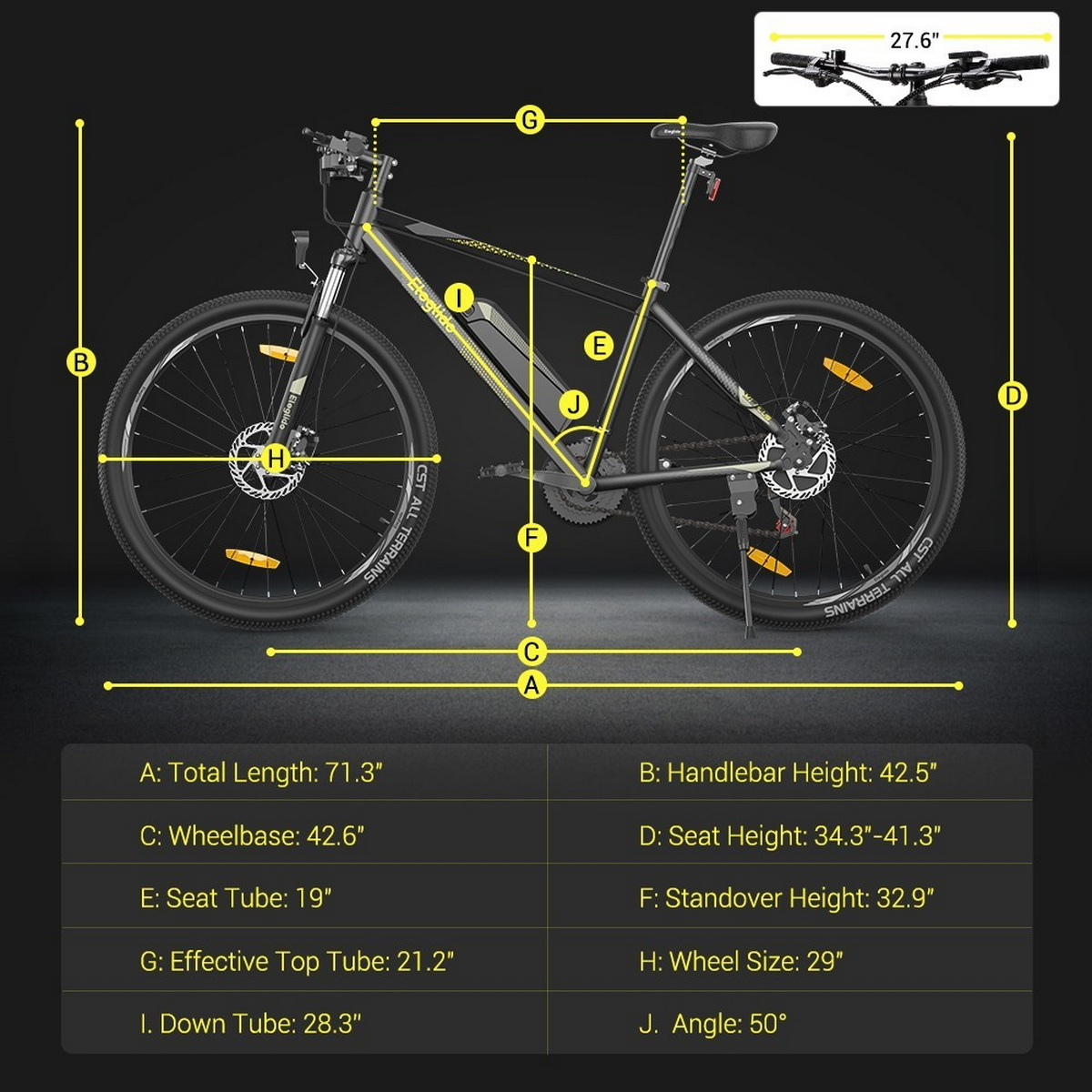 Ein schwarz-gelbes Mountainbike mit überlagerten Messungen. Das Fahrrad steht auf weißem Hintergrund.