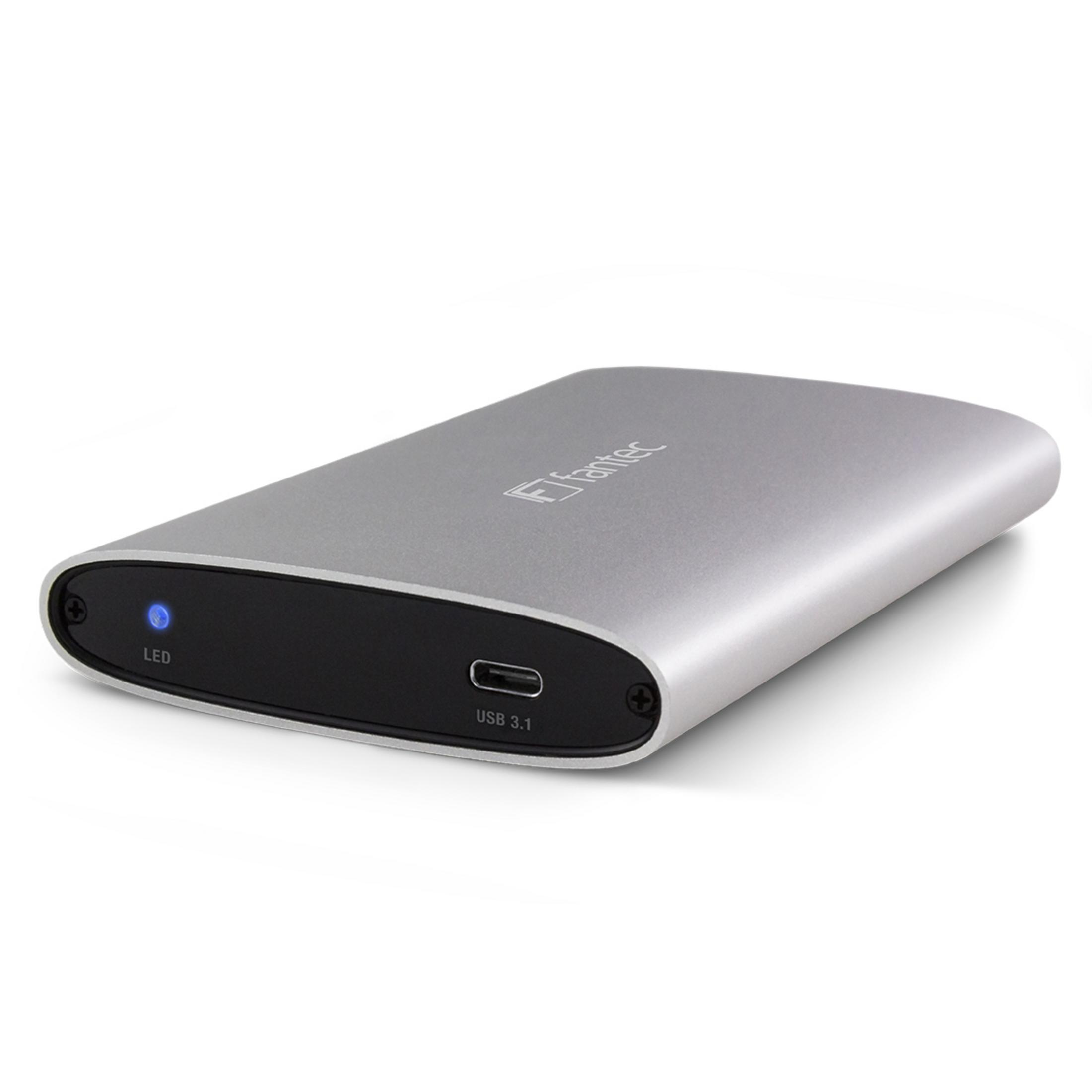 Silberne externe Festplatte mit USB 3.1-Anschluss. Sie hat eine blaue LED-Leuchte.