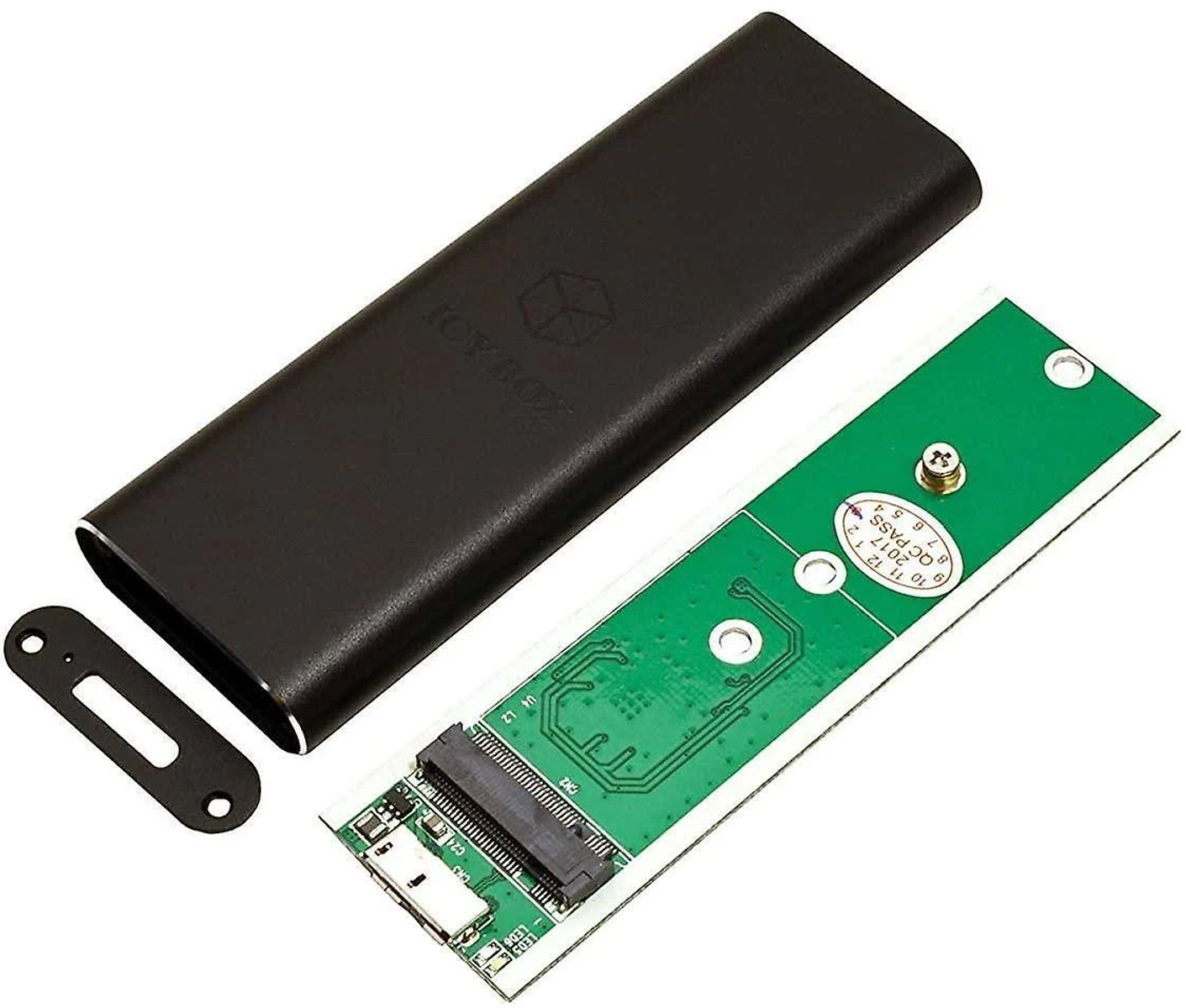 Schwarzes Gehäuse mit geöffneter Leiterplatte und USB-Anschluss.
