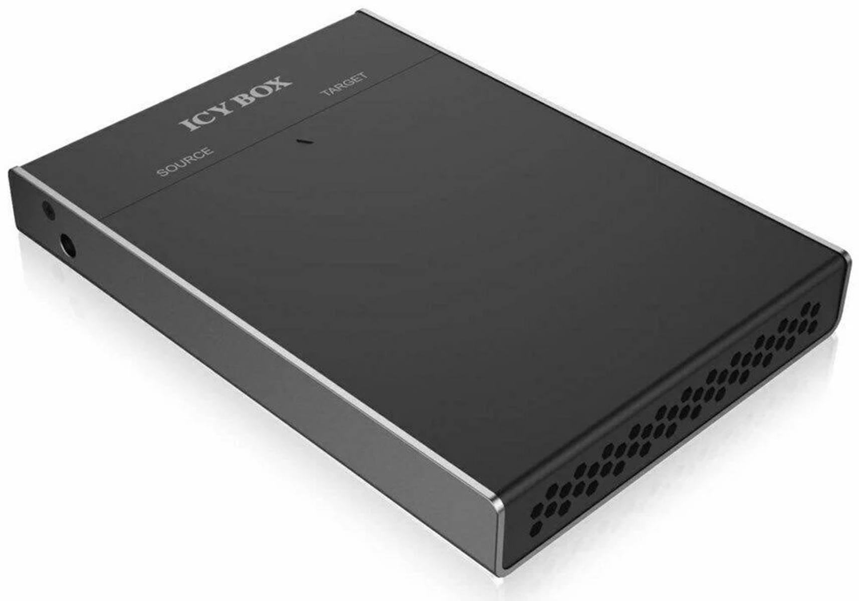 Schwarze ICY BOX, Quelle und Ziel markiert. Rechteckige Form, silberne Einfassung. Oben steht ICY BOX.