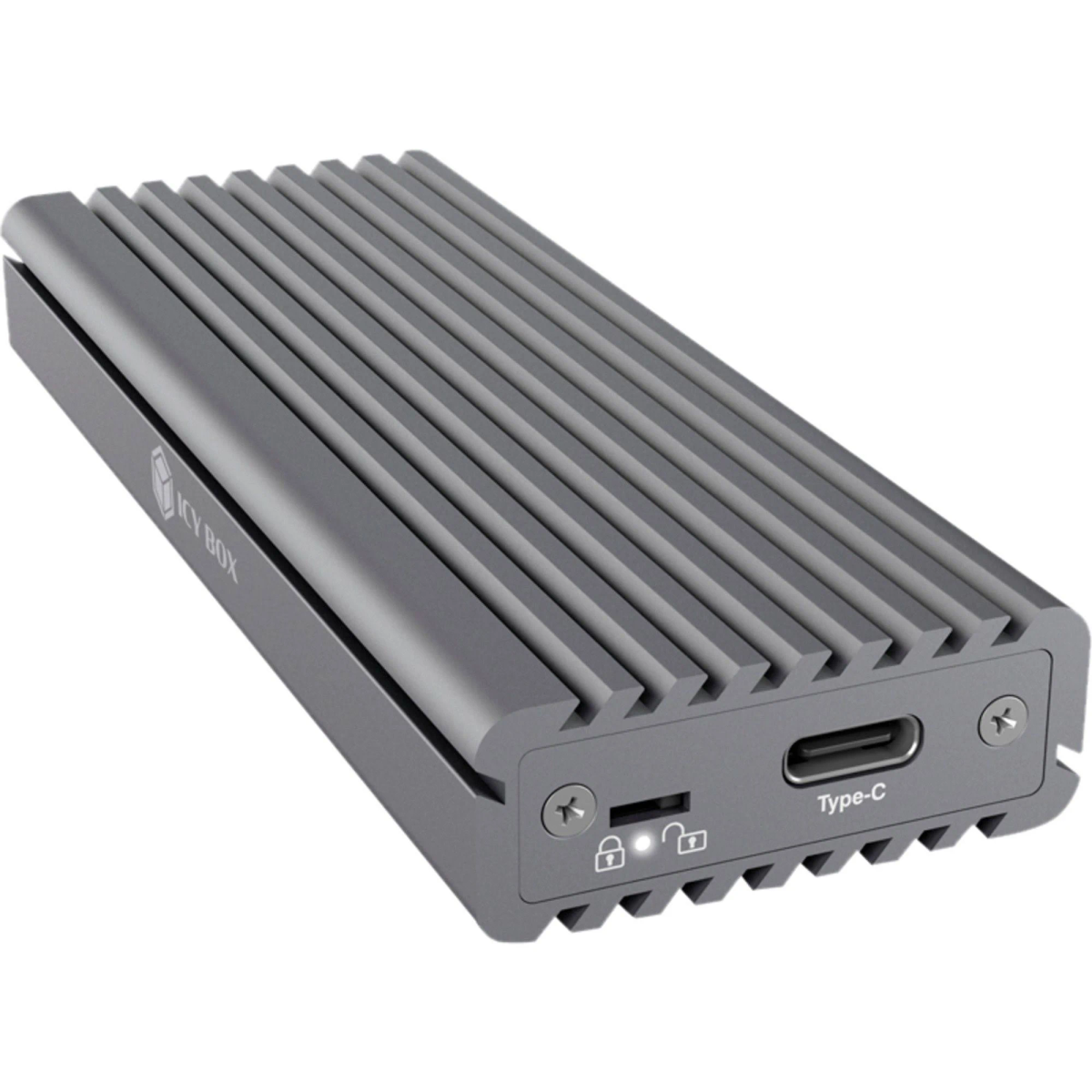Graue externe SSD mit geripptem Design und Typ-C-Anschluss.