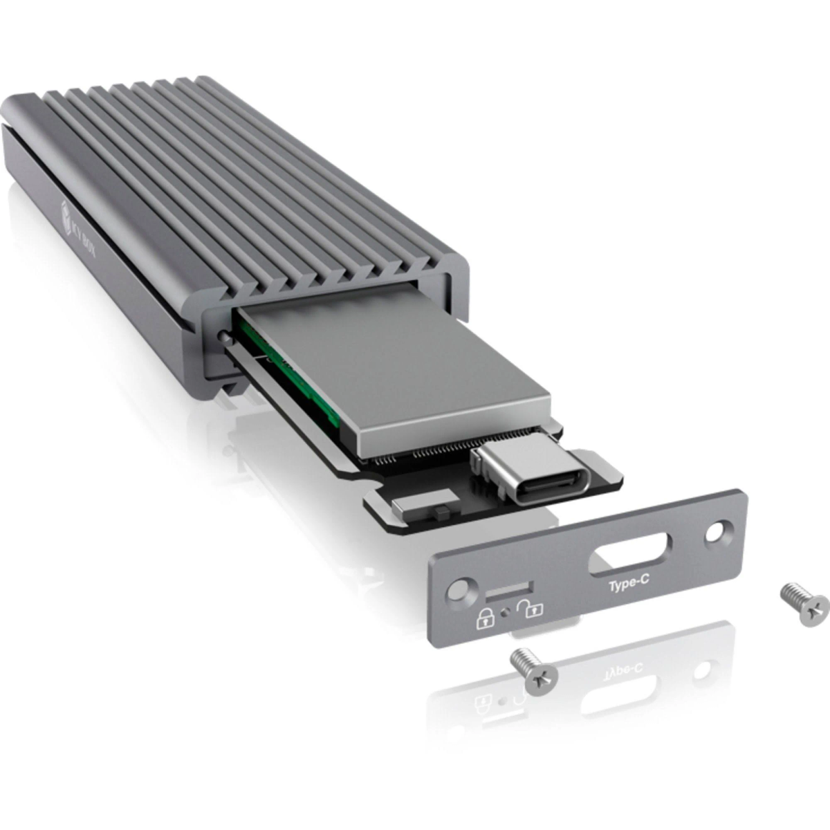 Ein silbernes externes Festplattengehäuse. Es hat einen Steckplatz für eine SSD und einen USB-C-Anschluss. Schrauben sind enthalten.