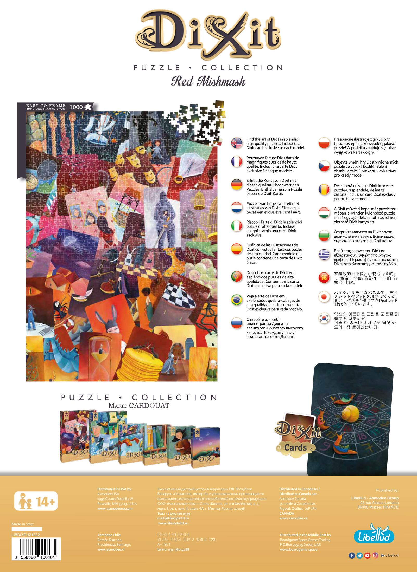 Dixit Red Mishmash Puzzle-Box mit Puzzleteilen und Karten.