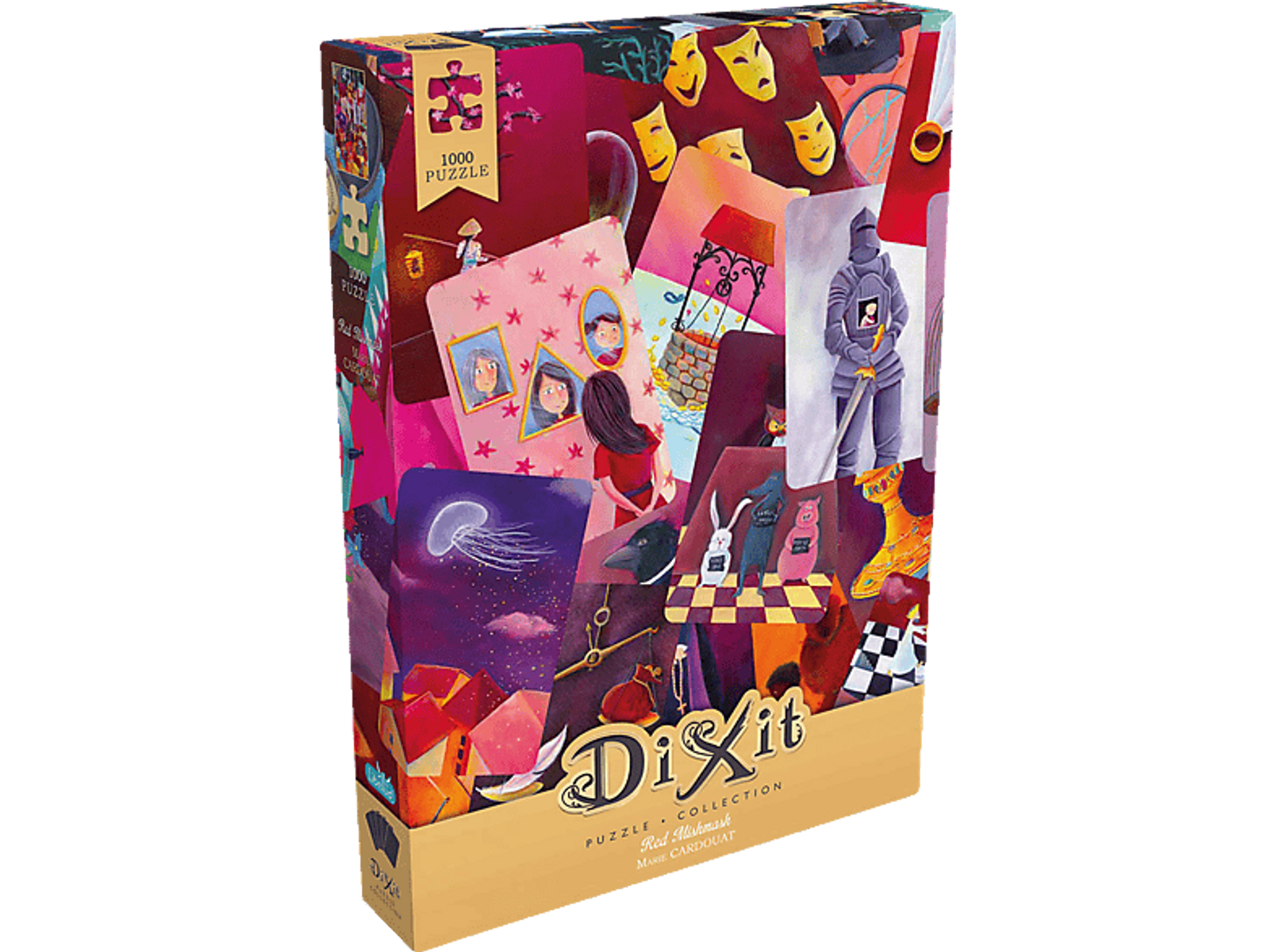 Schachtel des Dixit-Puzzlespiels. Buntes Artwork mit verschiedenen Fantasie-Illustrationen.