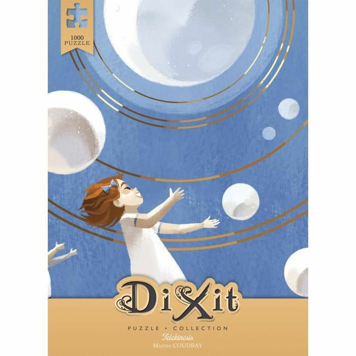 Una caja de rompecabezas con una niña alcanzando orbes en un cielo azul.