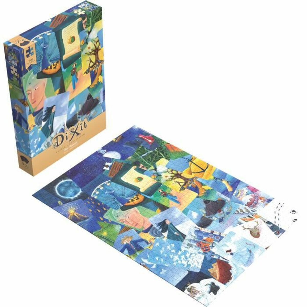 Box und Puzzle. Die Box hat Bilder von Menschen und Orten. Das Puzzle liegt auf blauer Oberfläche.