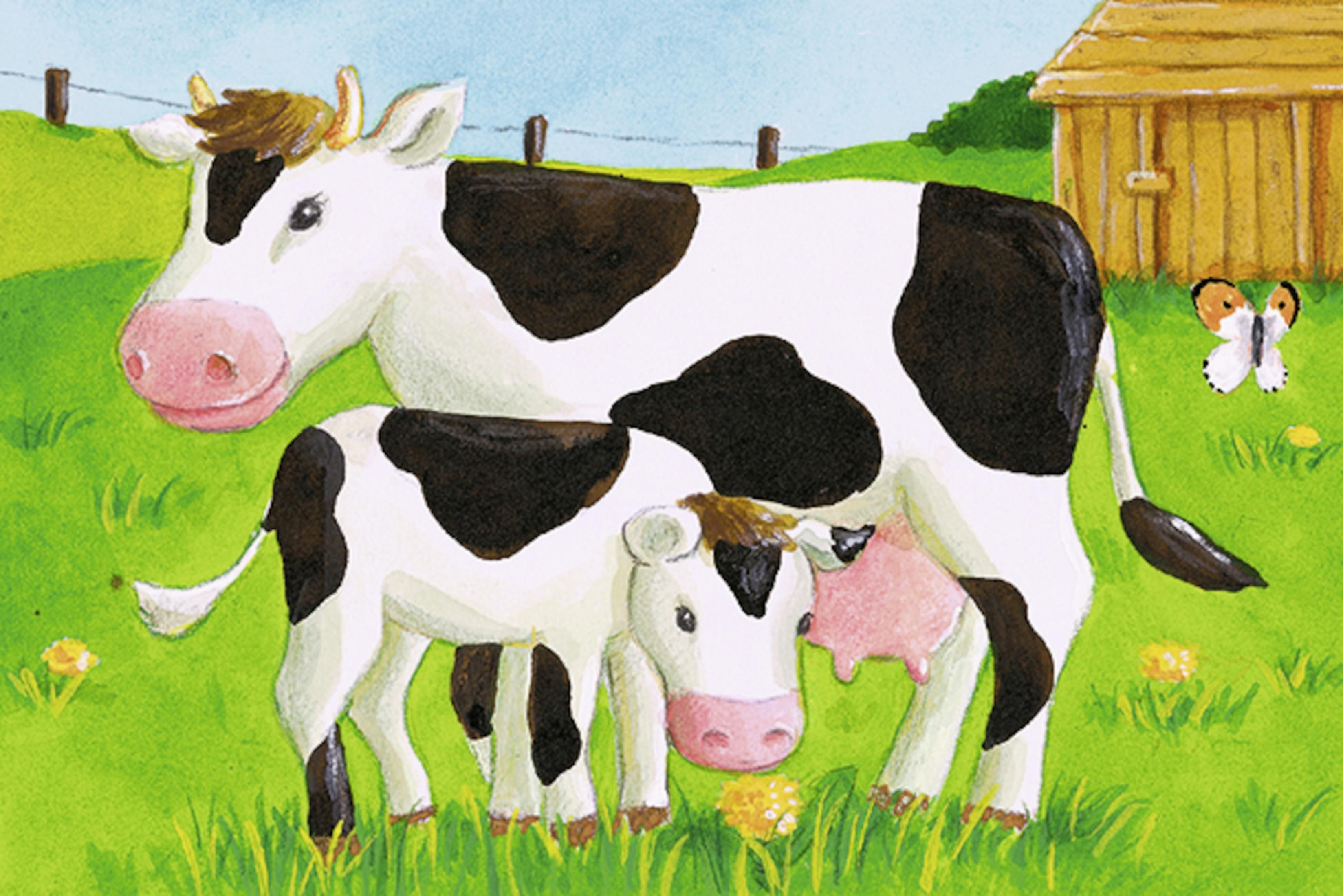 Cartoon-Illustration einer Kuh und eines Kalbes auf einer grünen Wiese mit Scheune und Schmetterling.