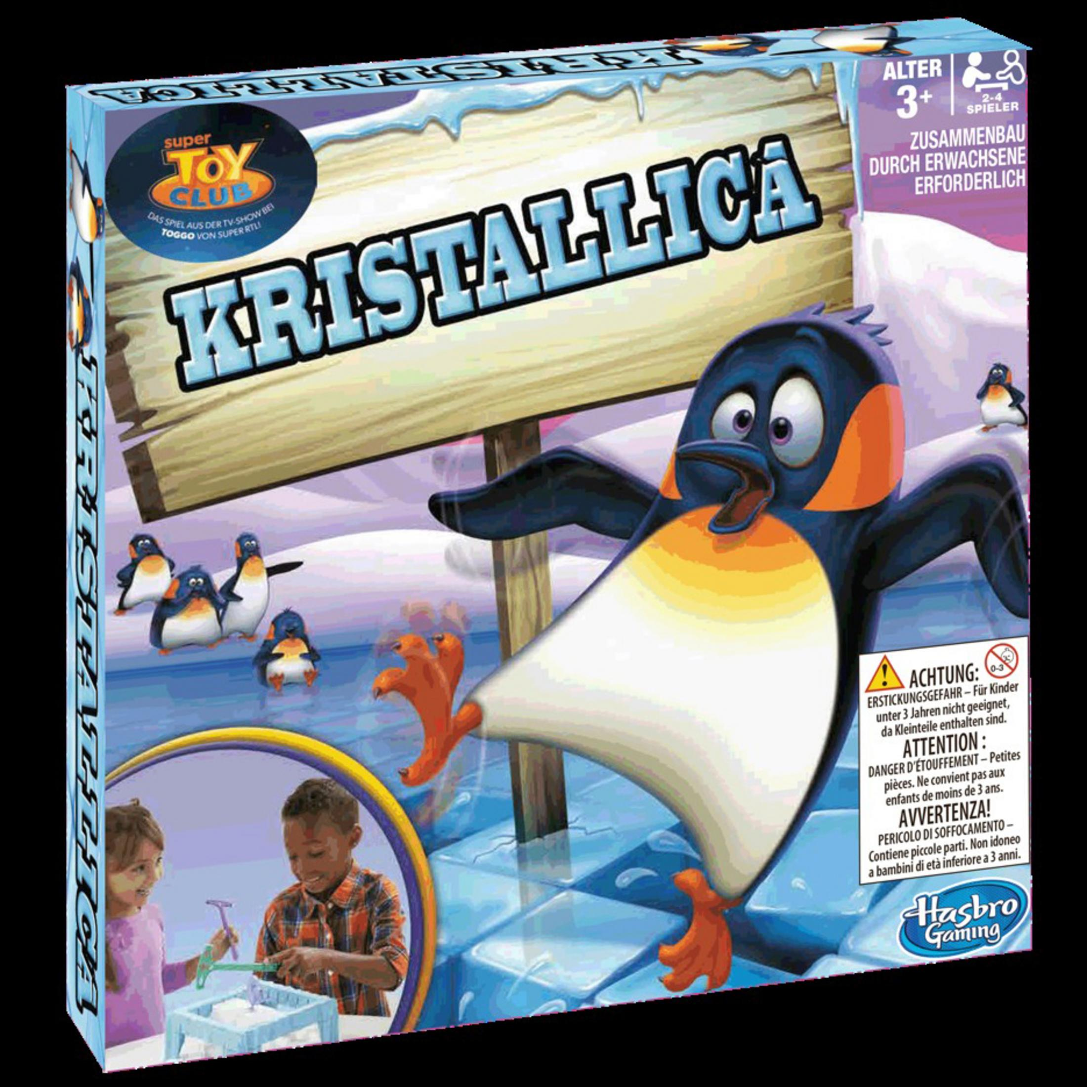 Eine Spielbox mit Pinguinen und einem Schild. Kinder spielen im Vordergrund mit Eis.