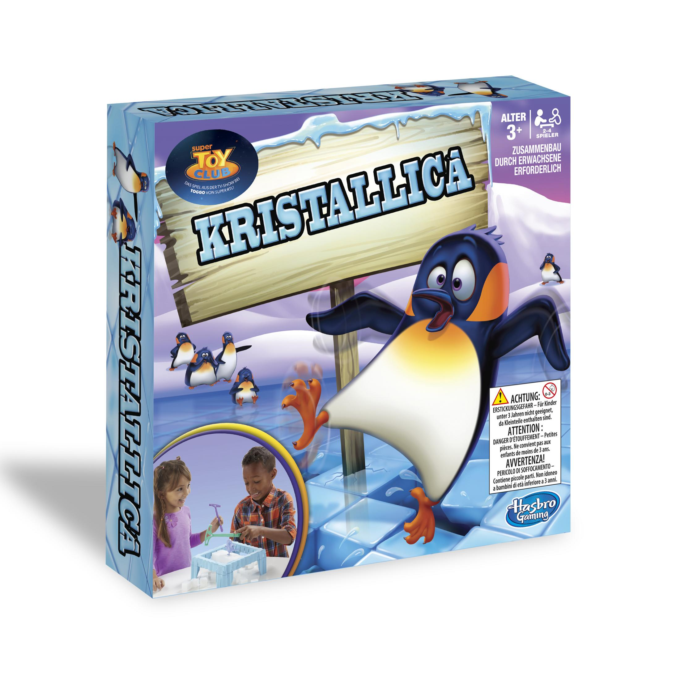 Eine Brettspielbox mit einem Pinguin vorne und Kindern, die spielen.