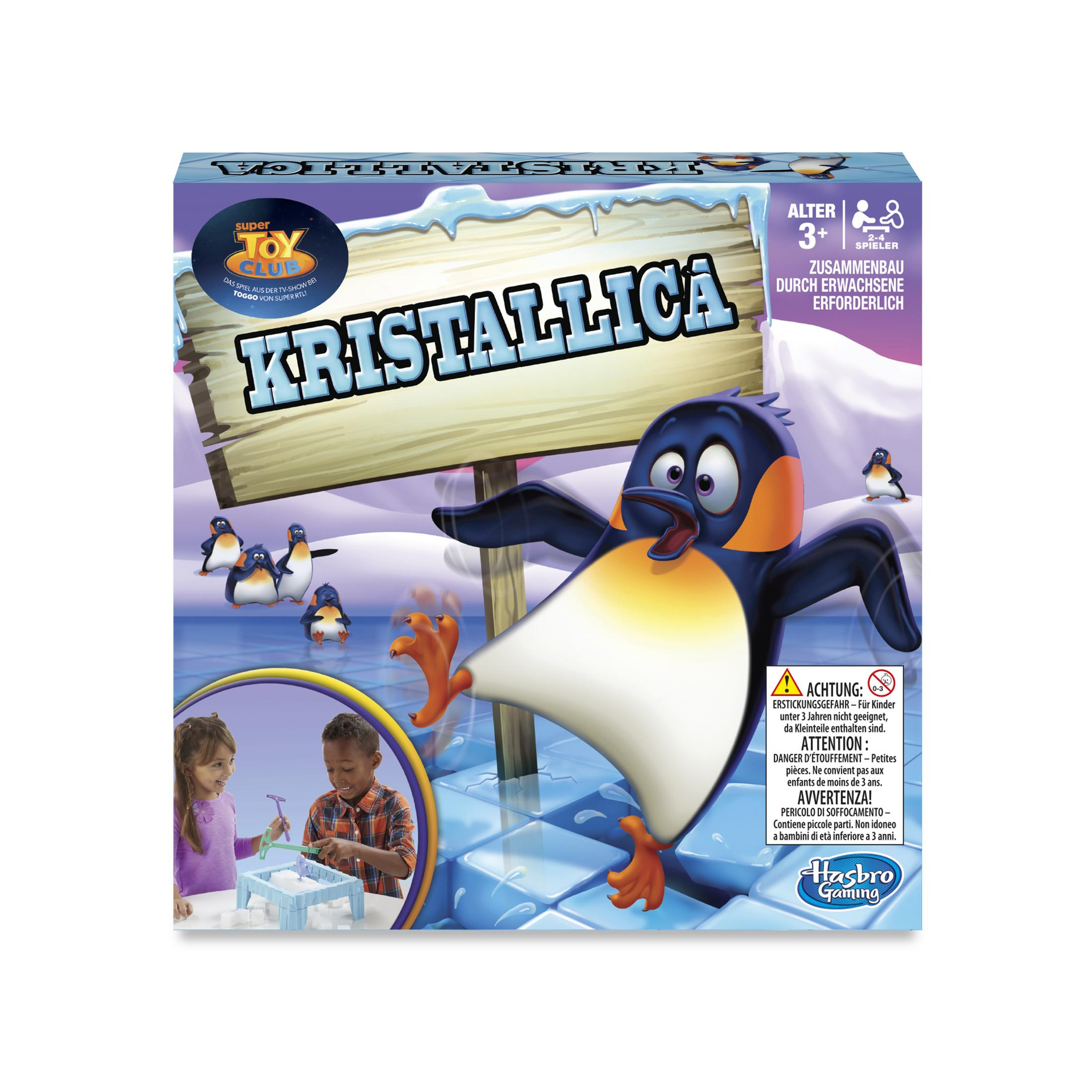 Brettspielbox mit Pinguin auf Eis. Kinder, die mit Eisblöcken spielen, sind abgebildet.