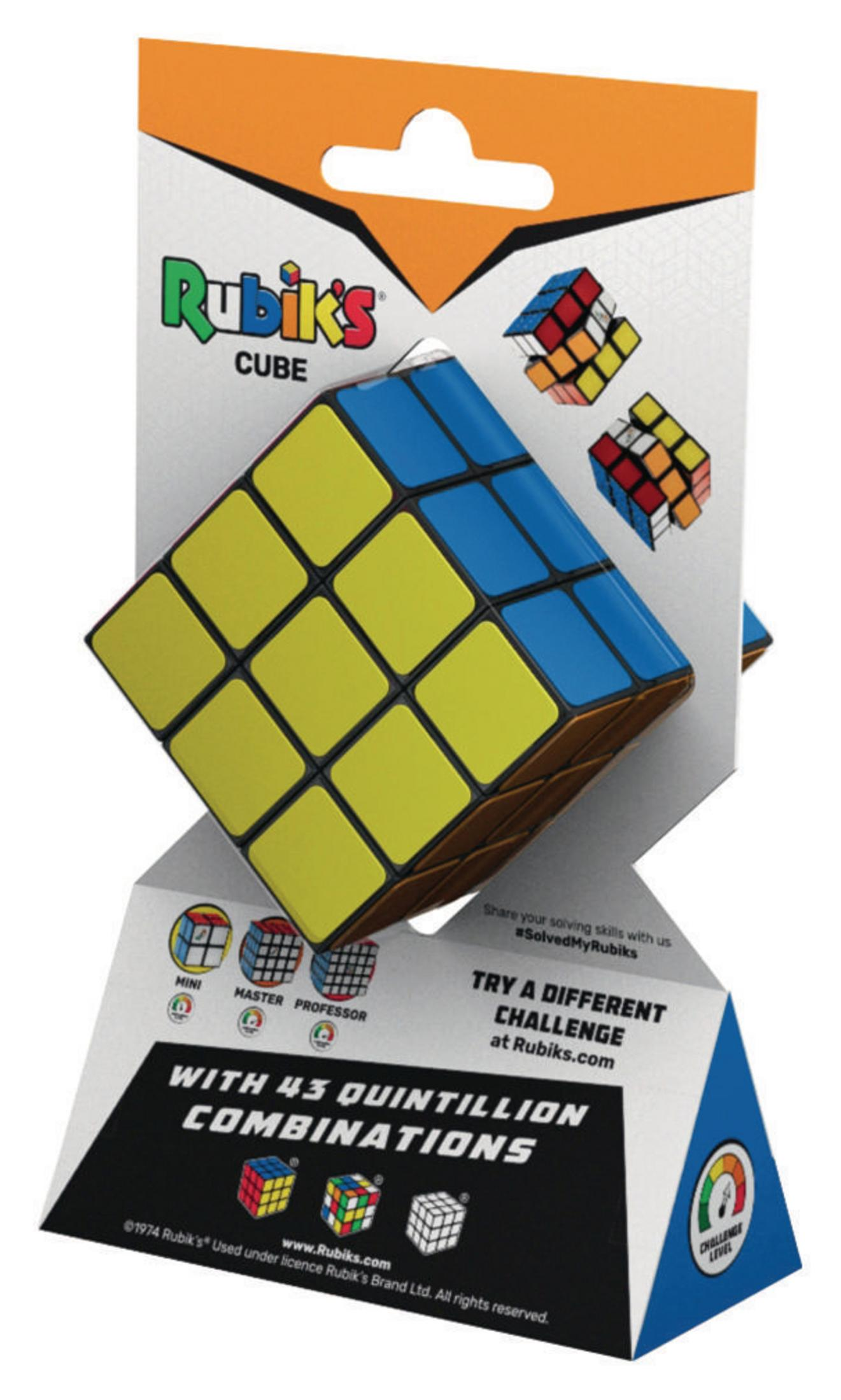Rubik's Cube Verpackung mit Würfel, Seitenansichten und zusätzlichen Puzzletypen.