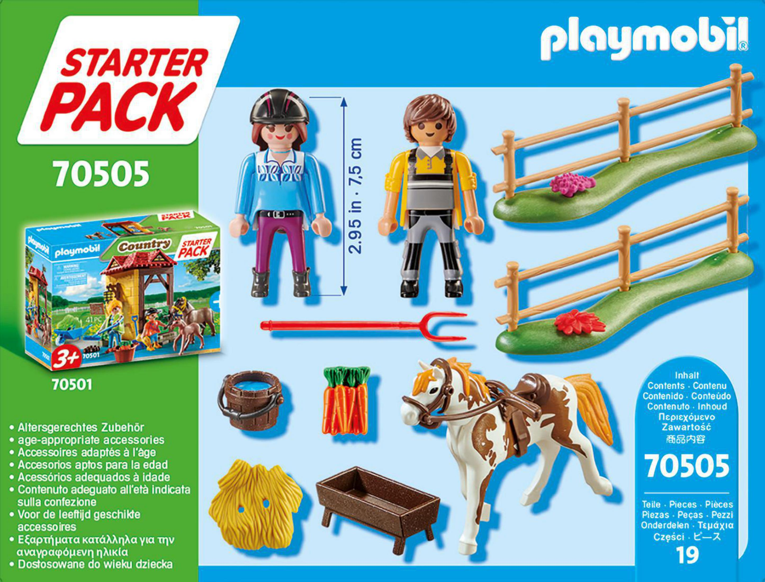 Ein Playmobil-Set mit zwei Figuren, einem Pferd, Zaun und Zubehör. Die Box trägt die Aufschrift 'Starter Pack'.