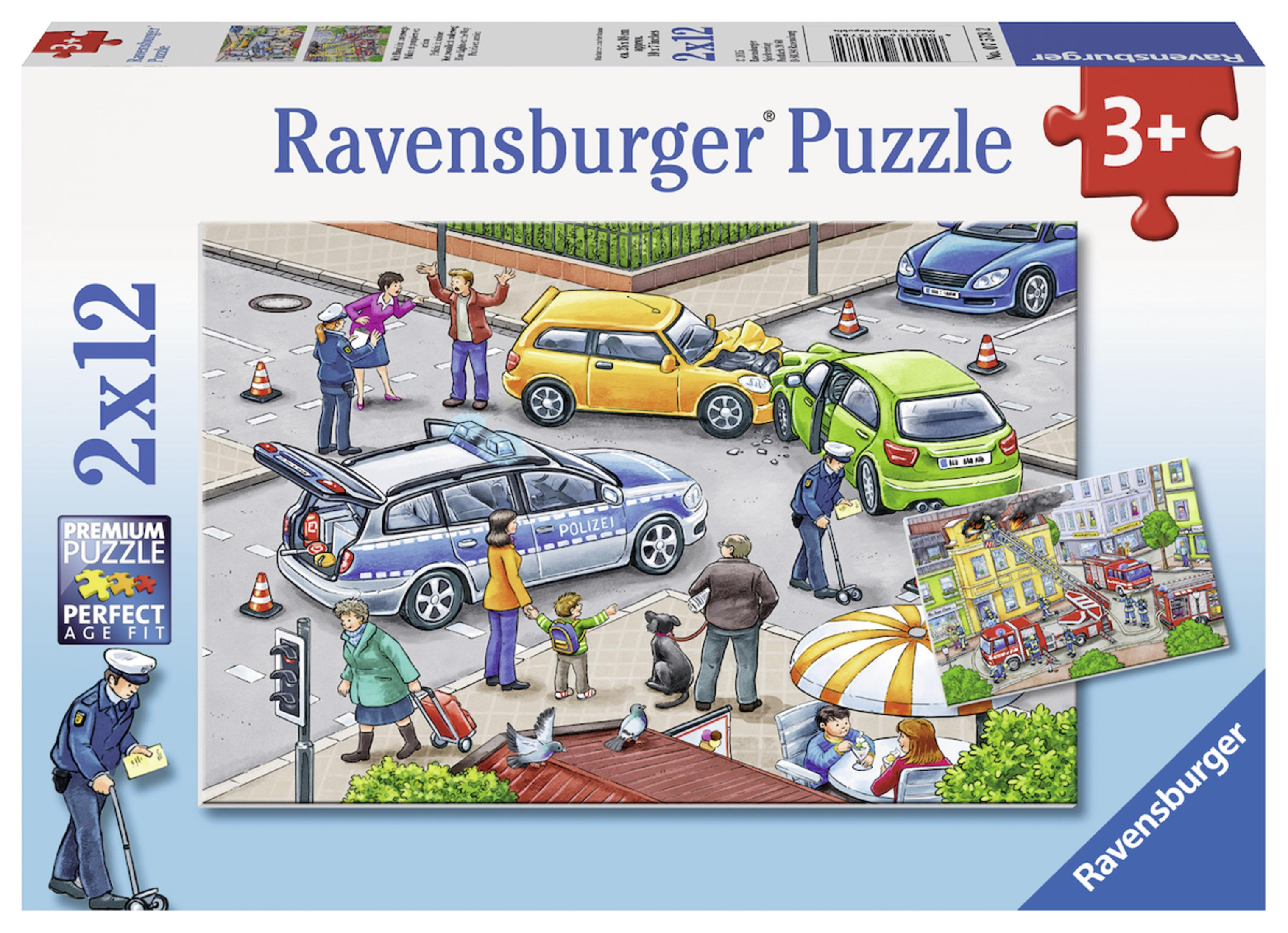 Puzzleschachtel zeigt eine Straßenszene mit einem Autounfall, Polizei und Menschenansammlungen.
