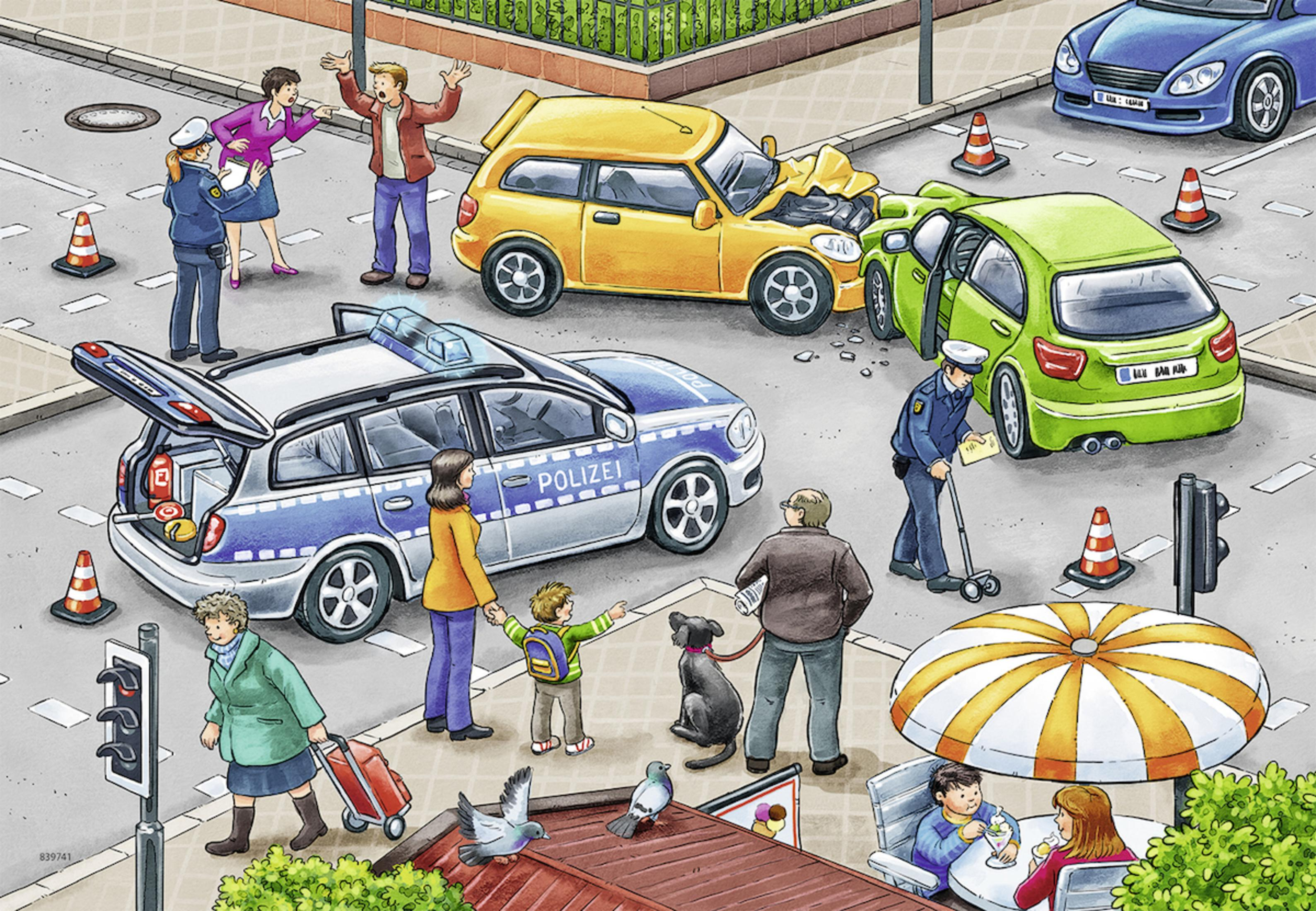 Eine illustrierte Stadtszene eines Autounfalls mit Polizei.