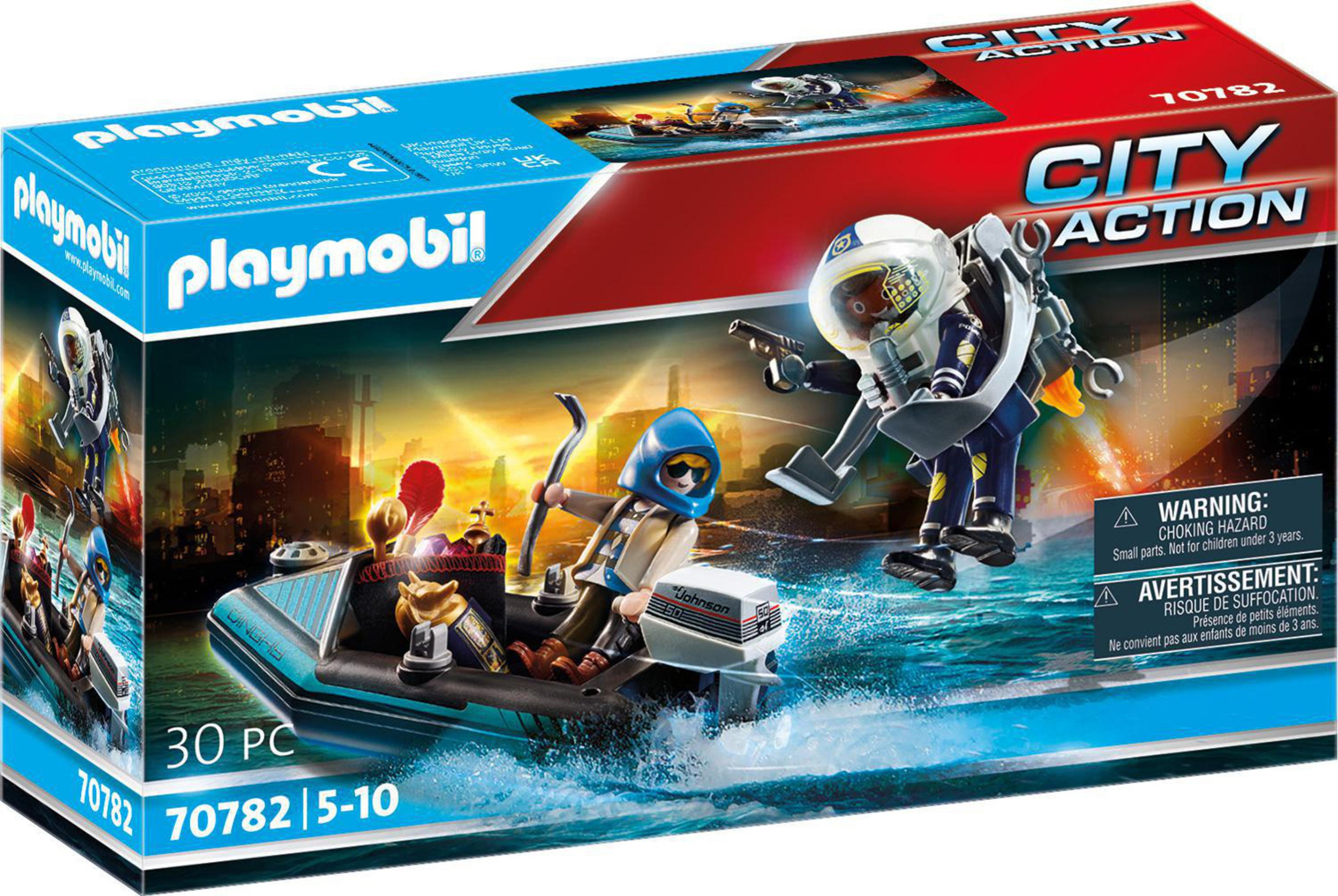 Zestaw Playmobil City Action z łodzią i figurkami, żywy i szczegółowy.