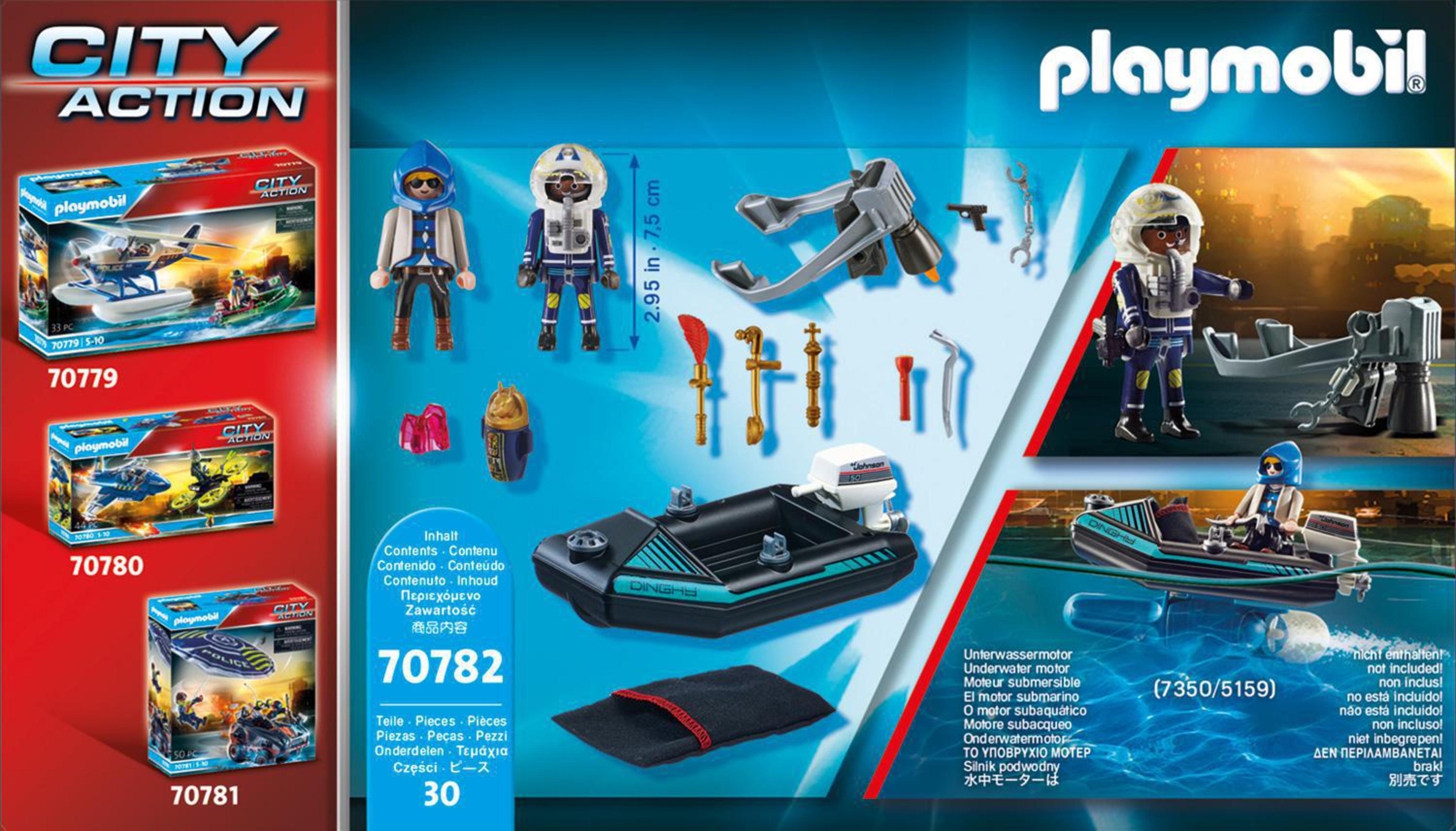 Zestaw Playmobil City Action: figurki, łódź, akcesoria oraz pudełka ze zdjęciami helikoptera i łodzi policyjnej.