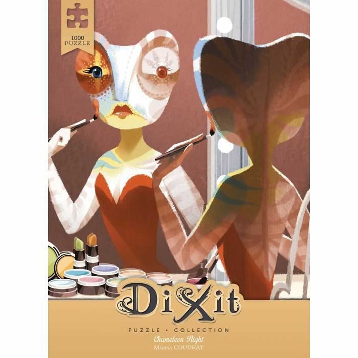 Eine Puzzledose mit einer Chamäleon-Illustration, die sich vor einem Spiegel schminkt.