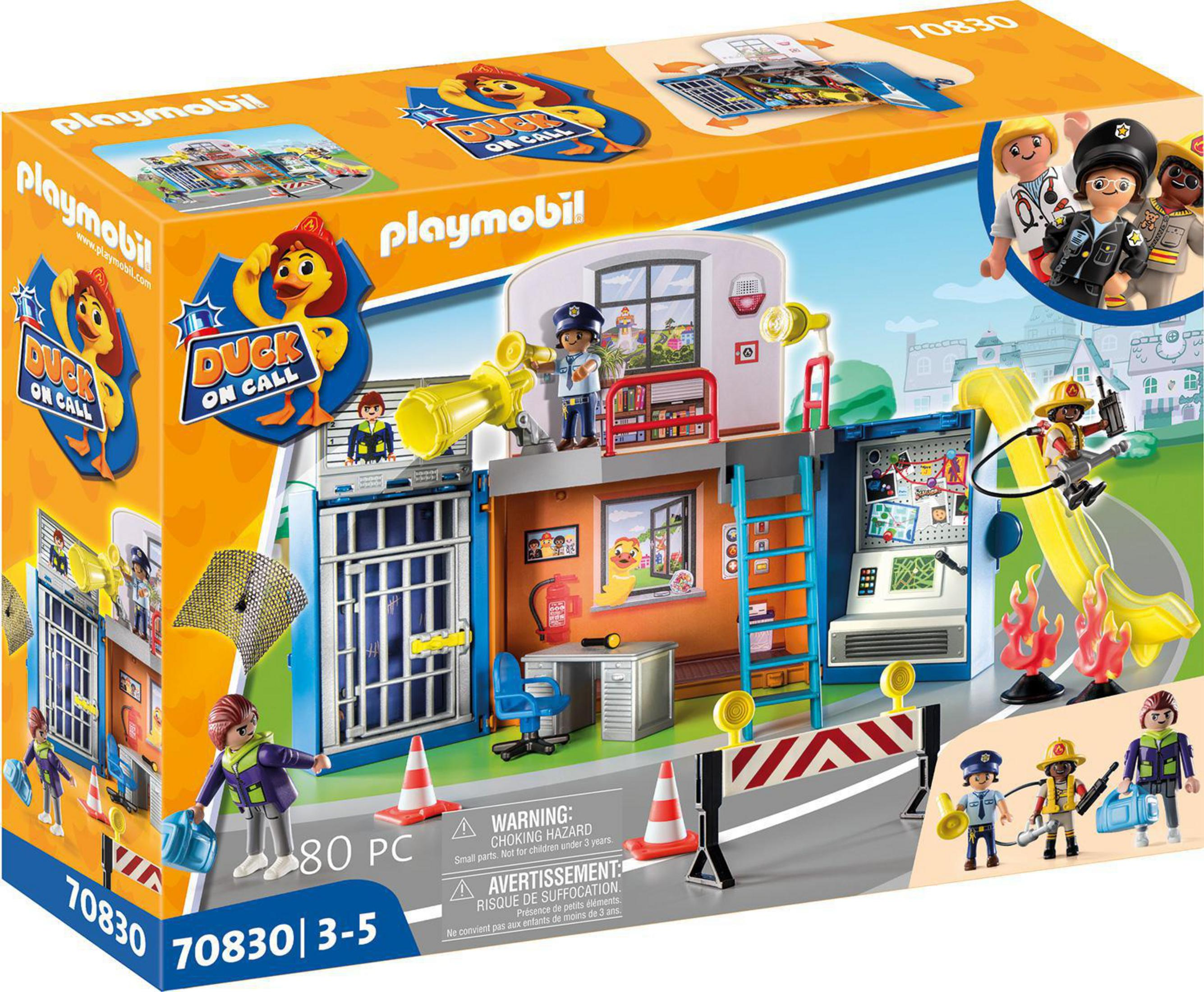 Ein Playmobil-Polizeistations-Spielset mit Figuren und Zubehör.