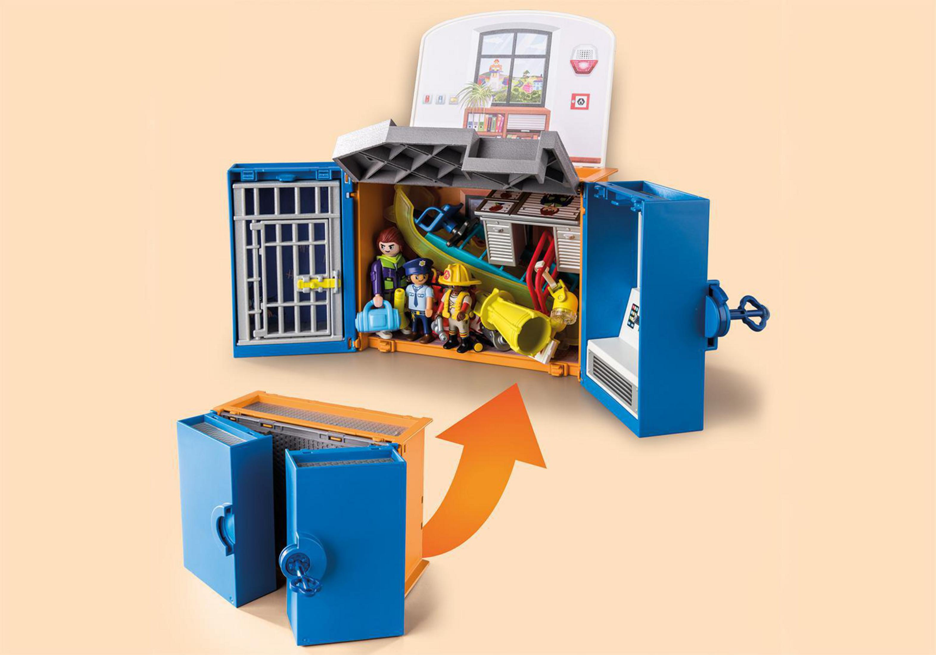 Ein Playmobil-Spielset mit einer Gefängnisszene. Eine Gefängniszelle öffnet sich und zeigt Figuren und Zubehör.