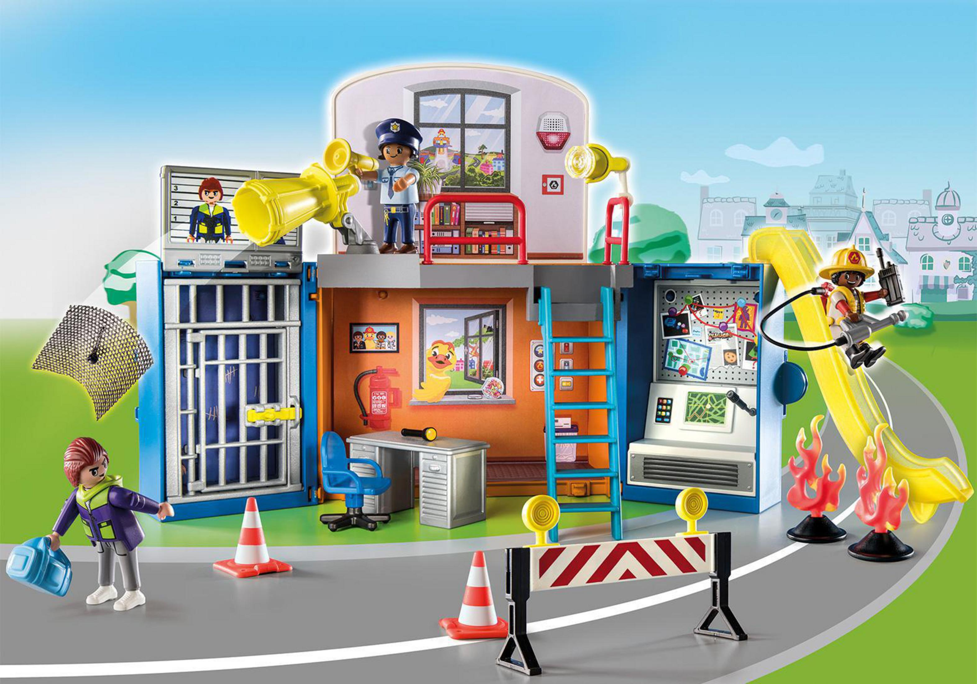 Playmobil-Feuerwehr-Spielset. Figuren von Polizei, Feuerwehrleuten und einem Bürger sind vorhanden.
