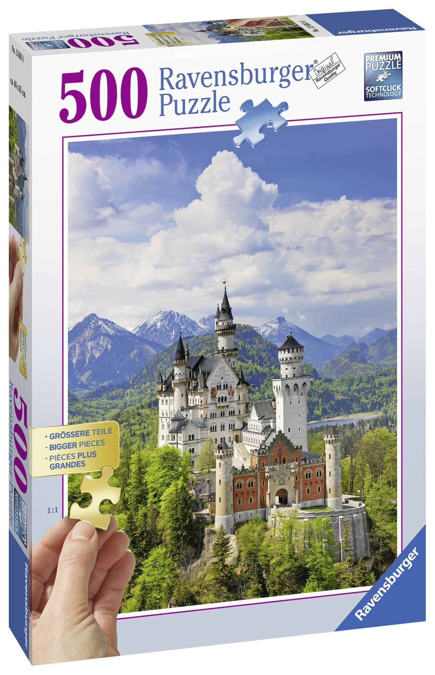 Ravensburger Puzzledose mit Schlossmotiv. Hand hält Puzzleteil, Box mit Bildern und Text.
