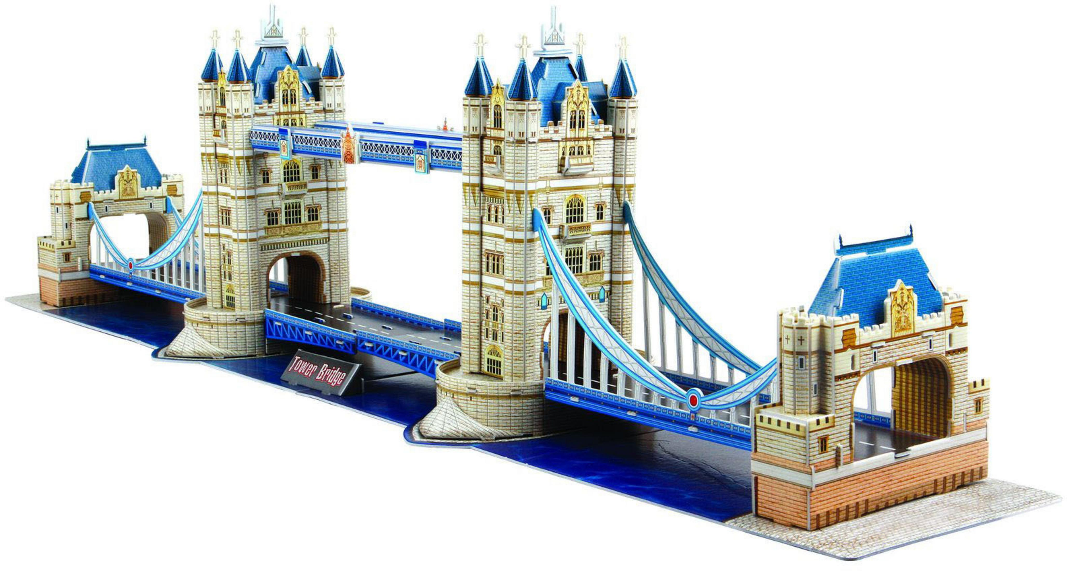 Tower Bridge puzzel. De puzzel is een 3D-model van de Tower Bridge, met blauw water en lucht.