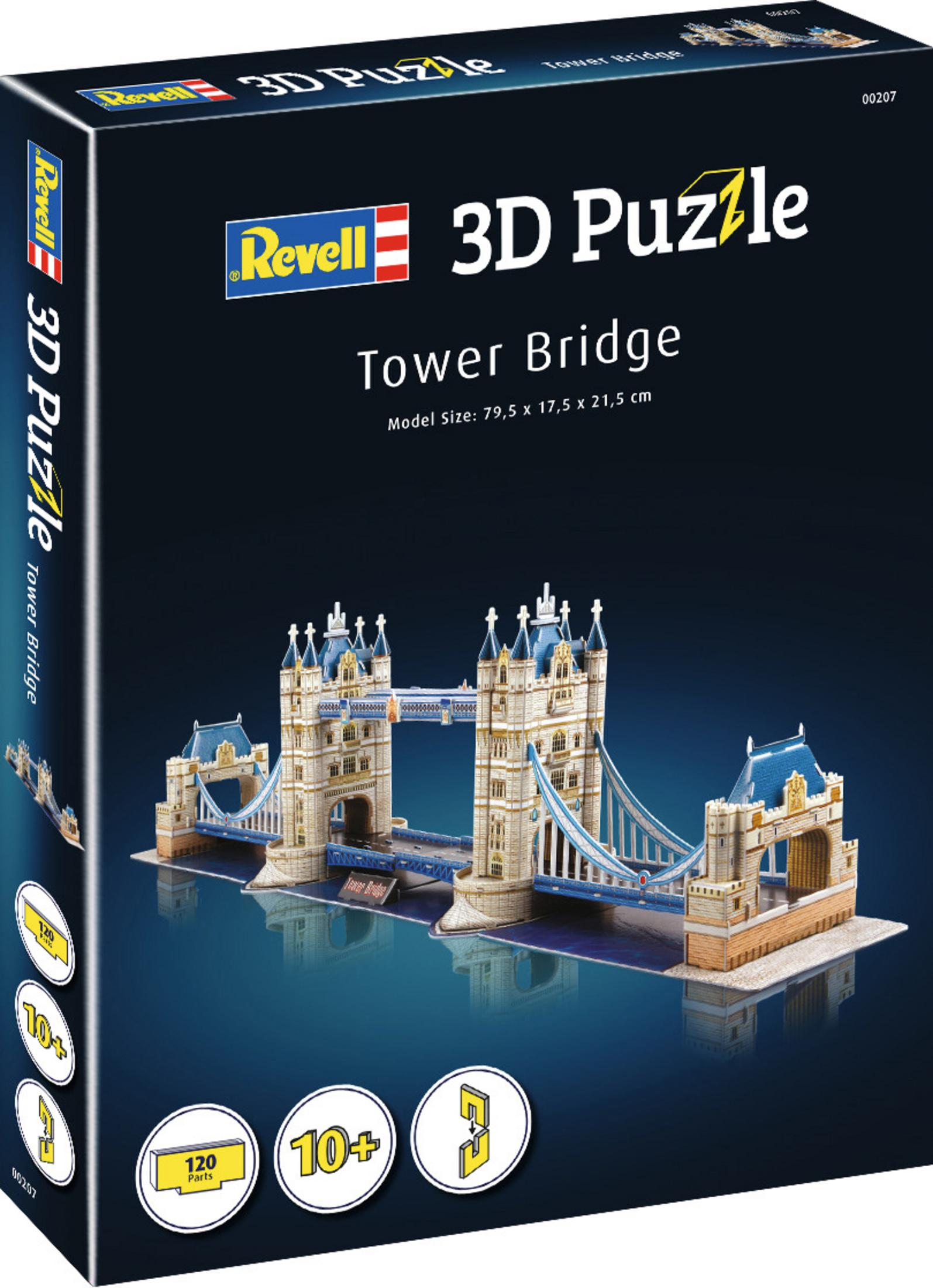 Een 3D-puzzeldoos met de Tower Bridge en een 3D-model van de brug.
