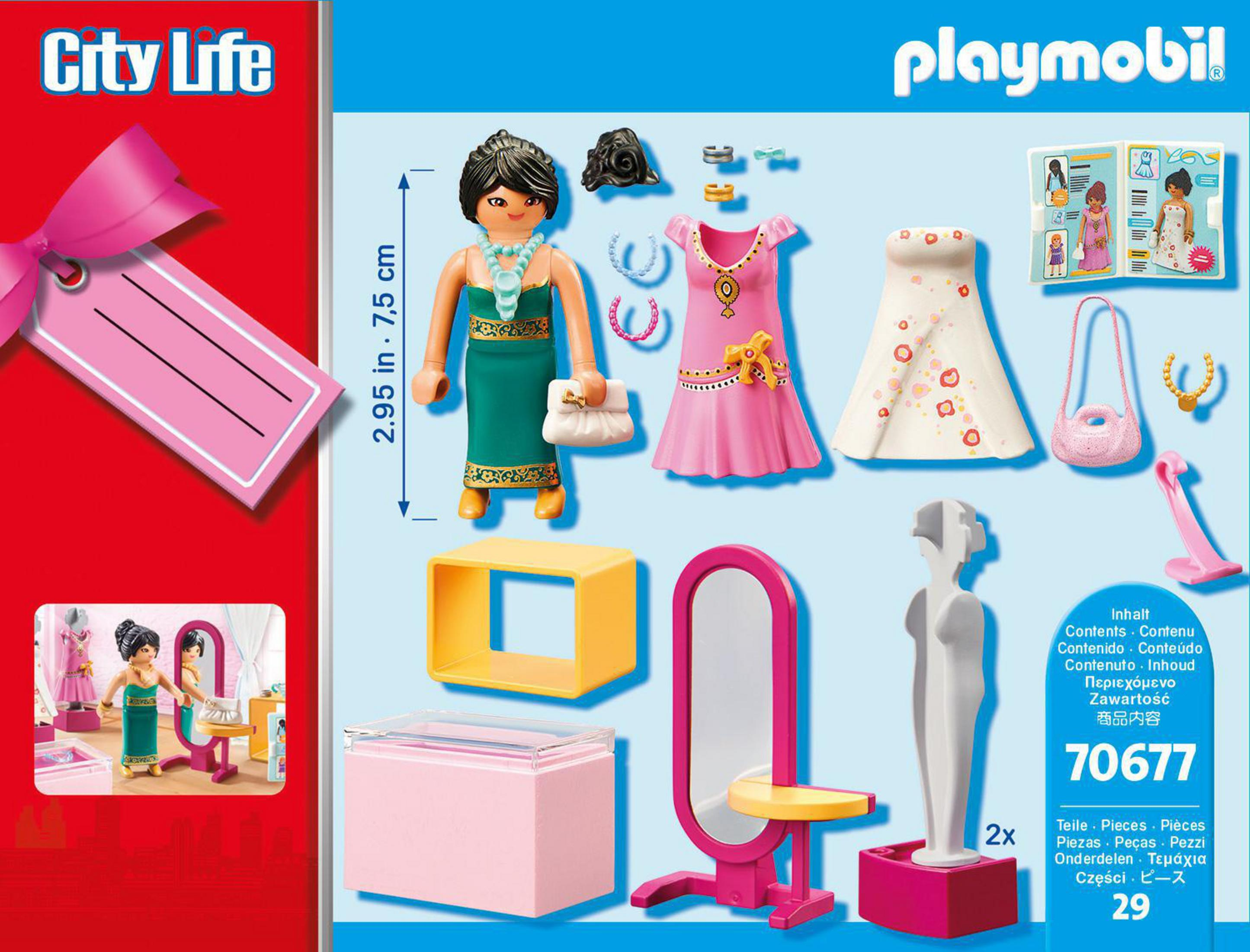 Playmobil City Life Set. Eine Figur, Kleider, Zubehör und Ausstellungsstücke werden angezeigt.