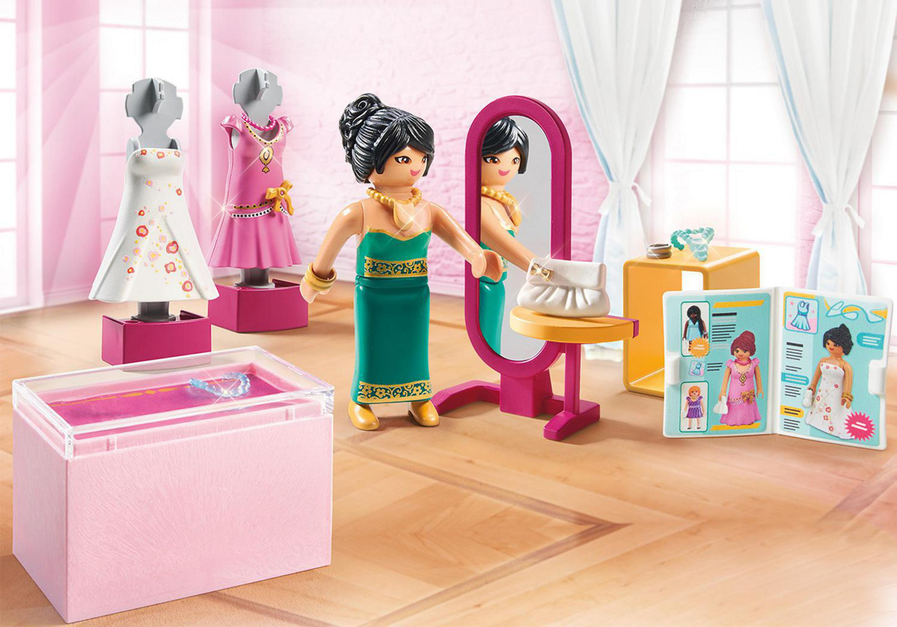 Playmobil-Szene: eine Puppe vor einem Spiegel, Kleider, Schmuck und Accessoires.