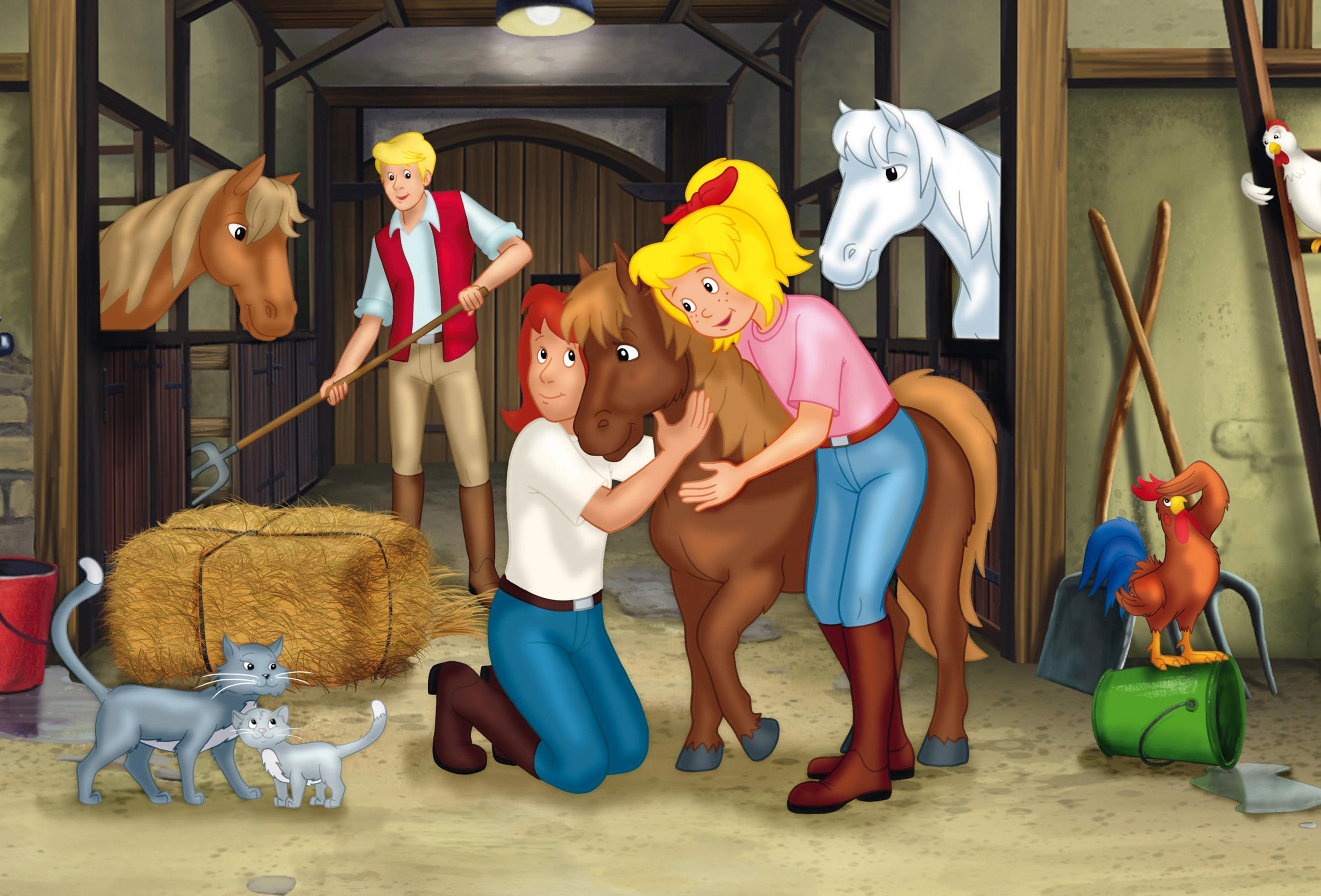 Illustration einer Scheune mit Pferden und Menschen, darunter ein Junge und ein Mädchen, die ein Pferd umarmen.