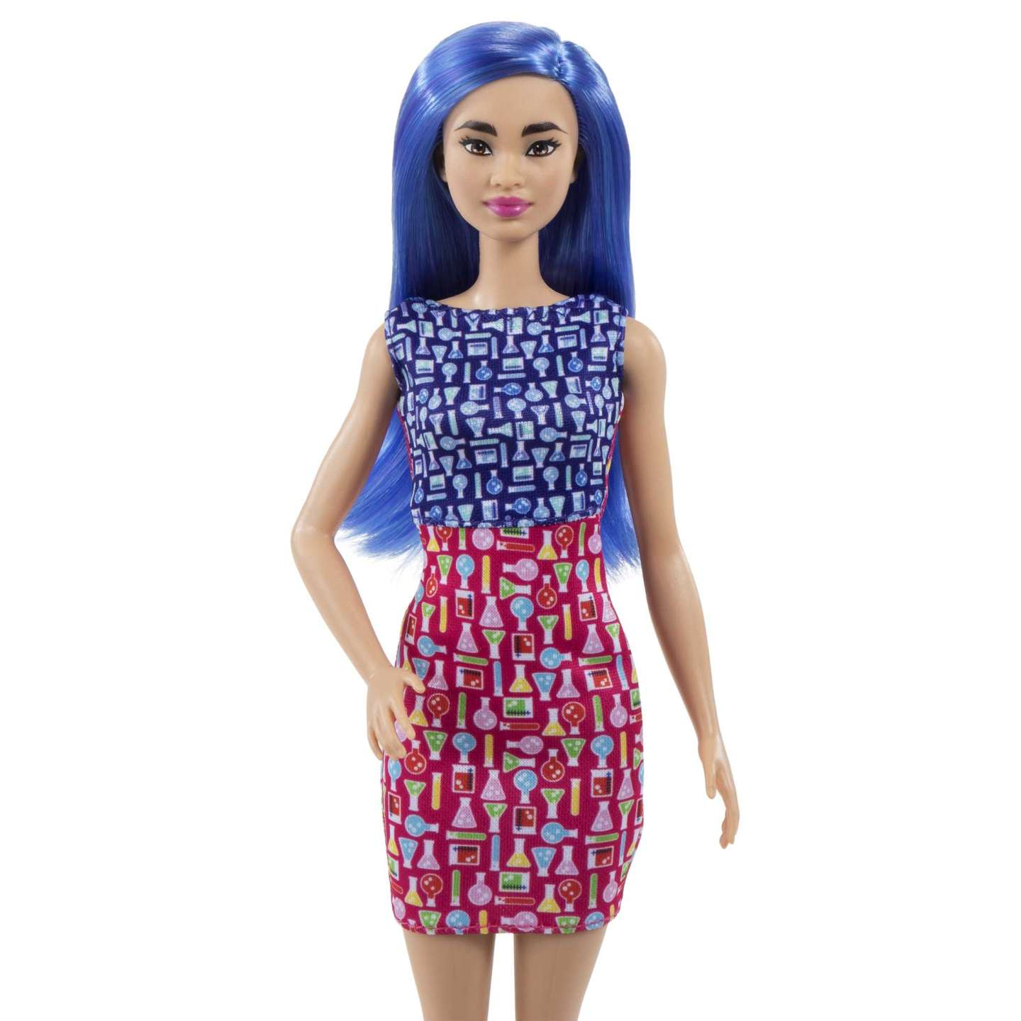 Una bambola Barbie con i capelli blu, che indossa un vestito con motivi a tema scientifico.