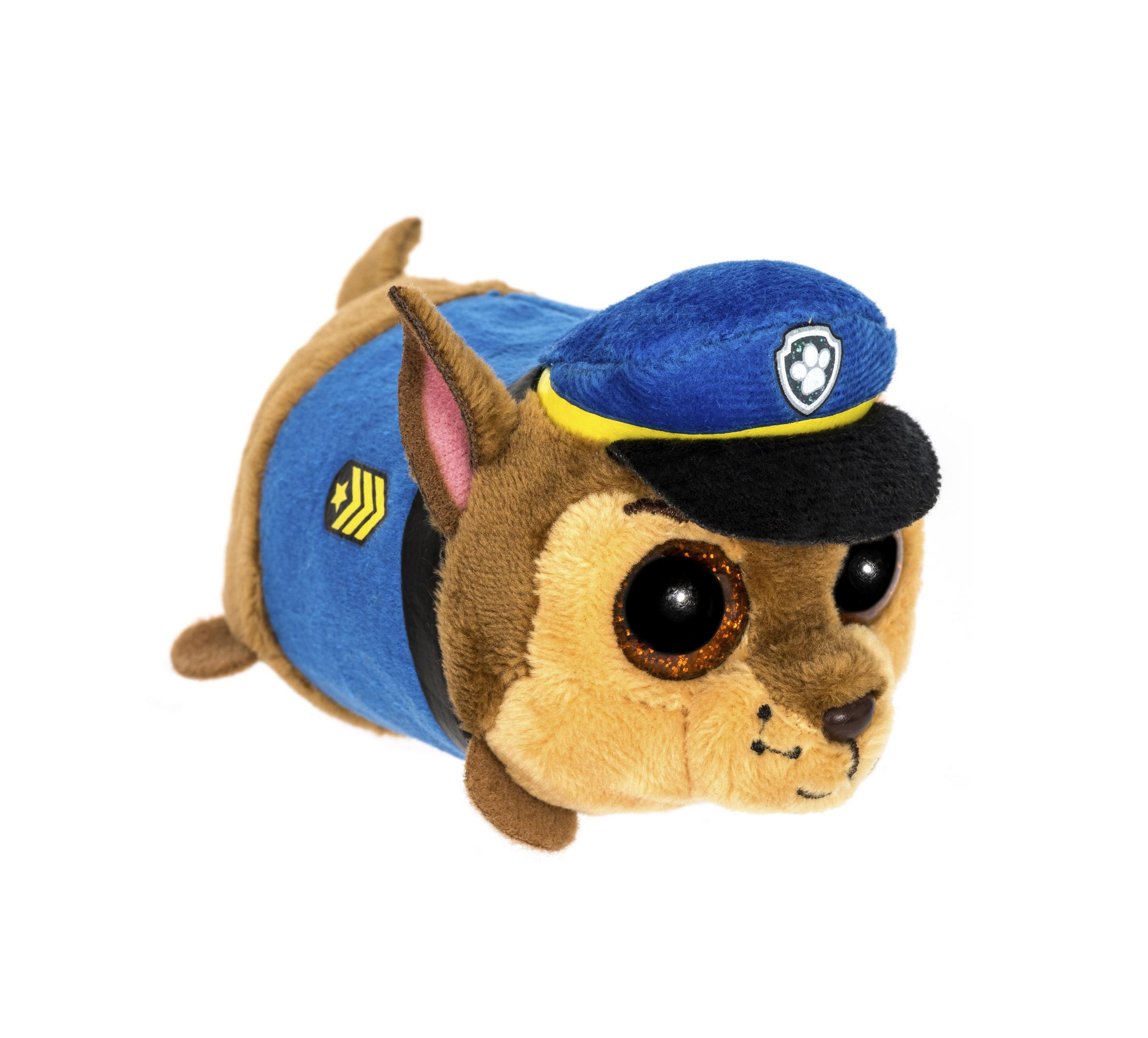 A plush toy of Chase from Paw Patrol. He is a brown dog wearing a blue police uniform and hat.