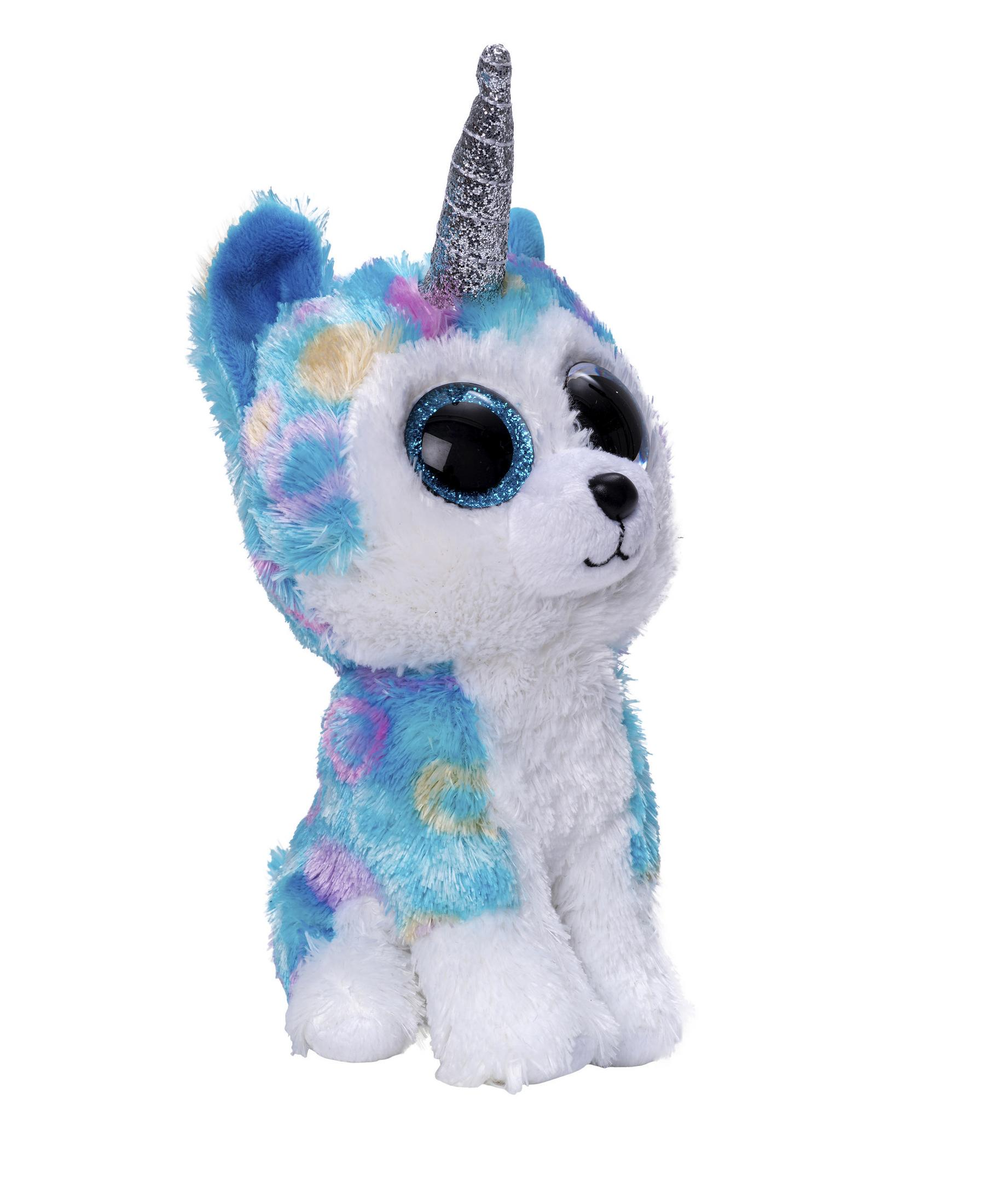Ein Plüschtier-Einhorn-Hund-Hybrid, weiß mit blauen und lila Flecken, einem silbernen Horn und großen blauen Augen.