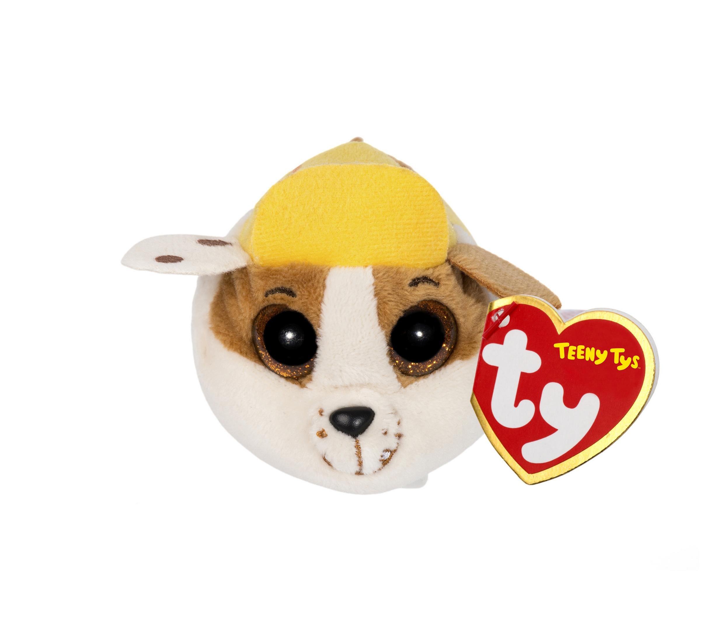 Ein Ty Beanie Baby Hund Plüsch, mit braun-weißem Fell, gelbem Hut und großen, glitzernden Augen.