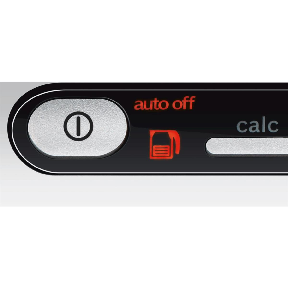 Zbliżenie czarnego panelu sterowania. Z 'auto off' i czerwonym wskaźnikiem.