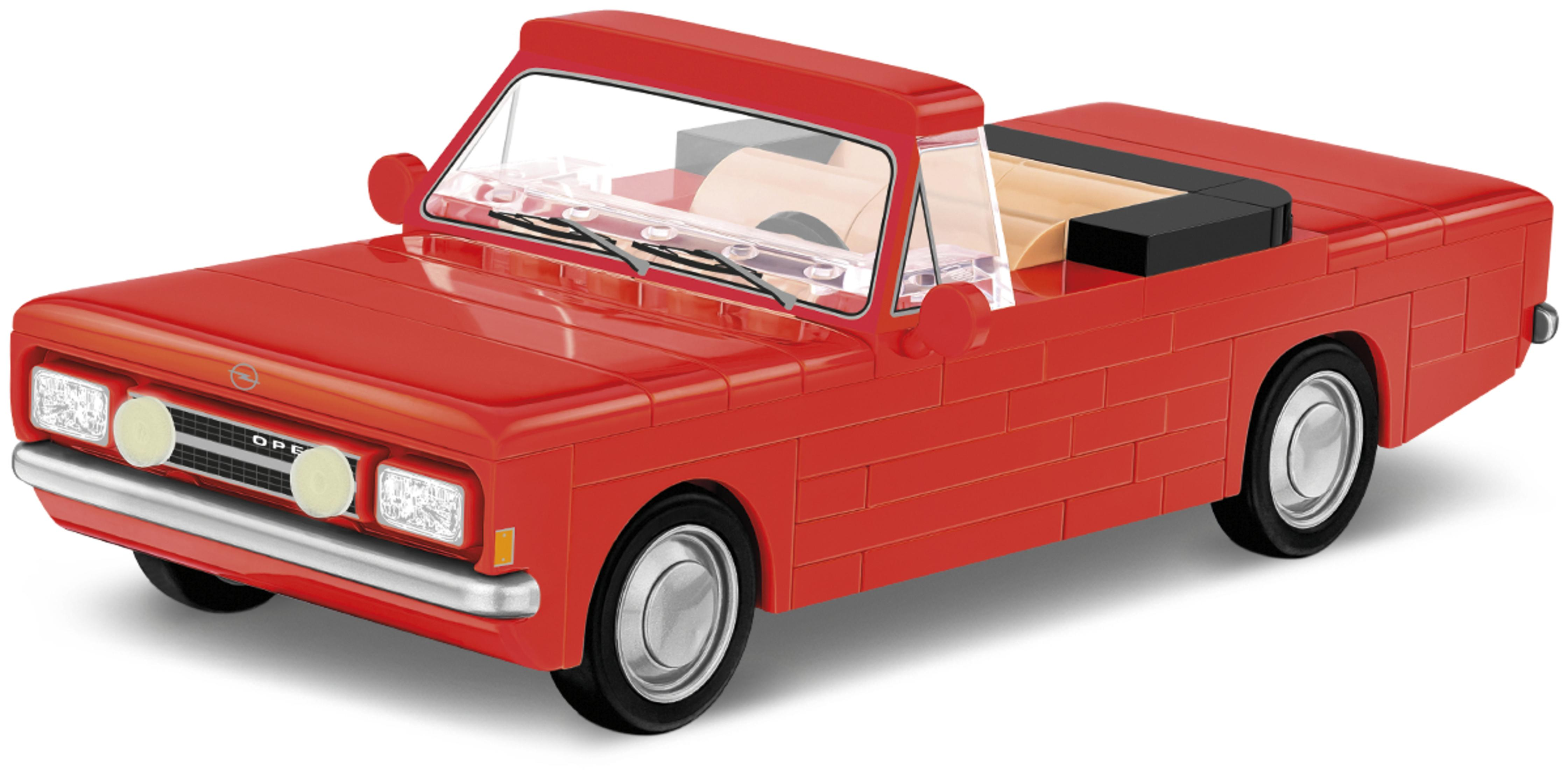 Rotes Spielzeugauto aus Blöcken mit klarer Windschutzscheibe und weißen Scheinwerfern.