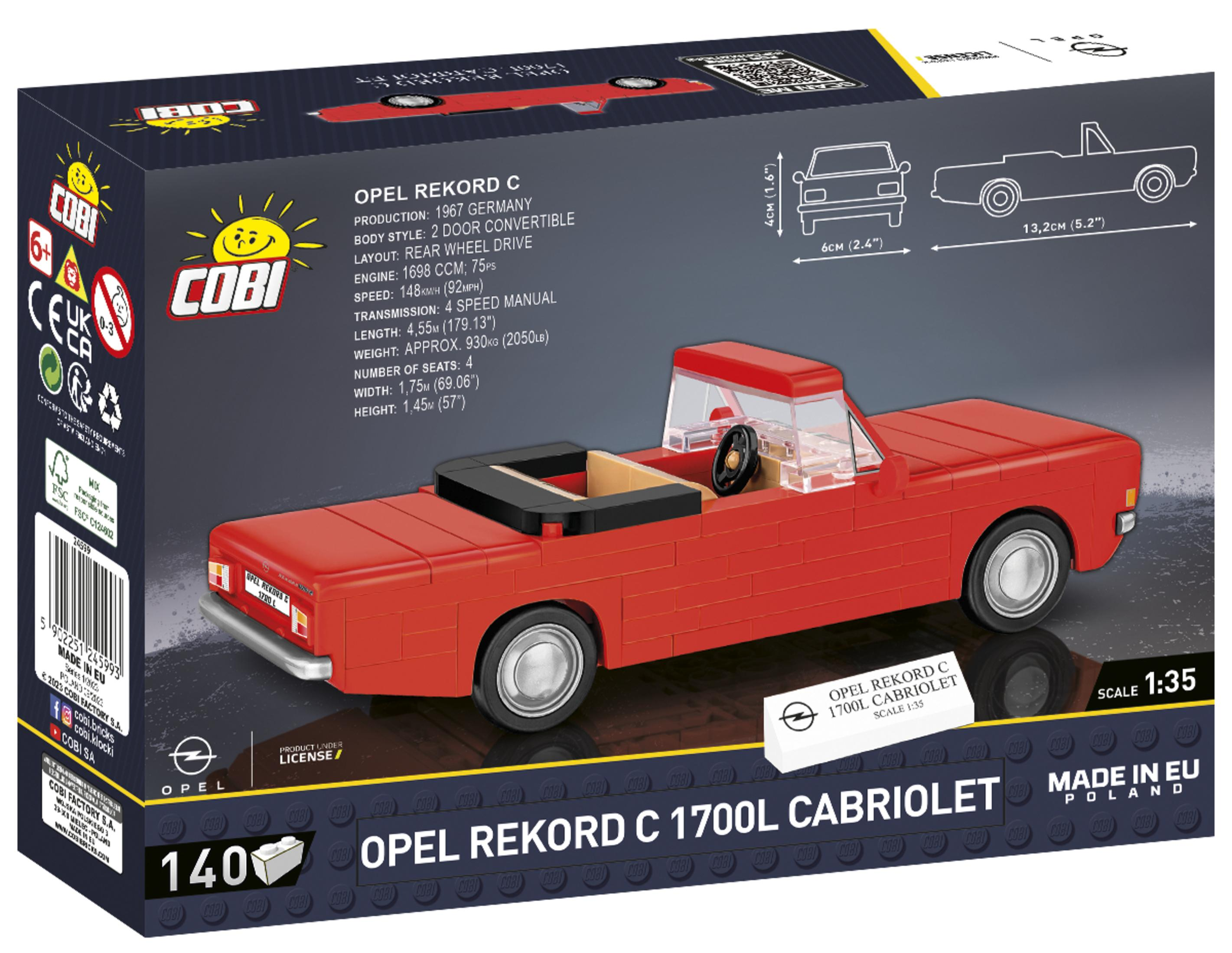 Roter Opel Rekord C 1700L Cabriolet Lego-Set-Box, Modellauto innen.