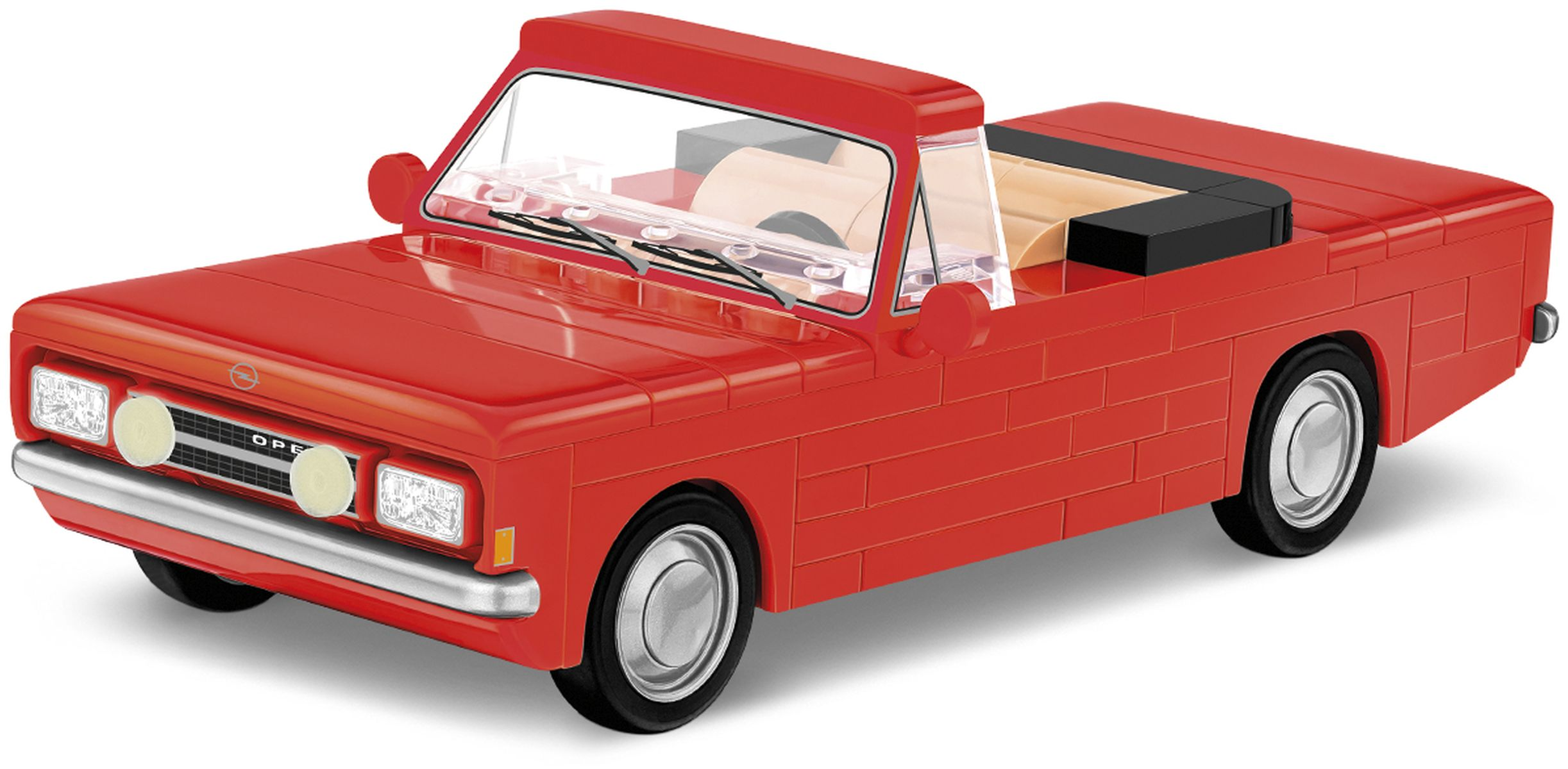 Rotes Spielzeugauto mit transparenter Windschutzscheibe, Lichtern und Opel-Logo. Sieht aus wie ein Lego-Modell.