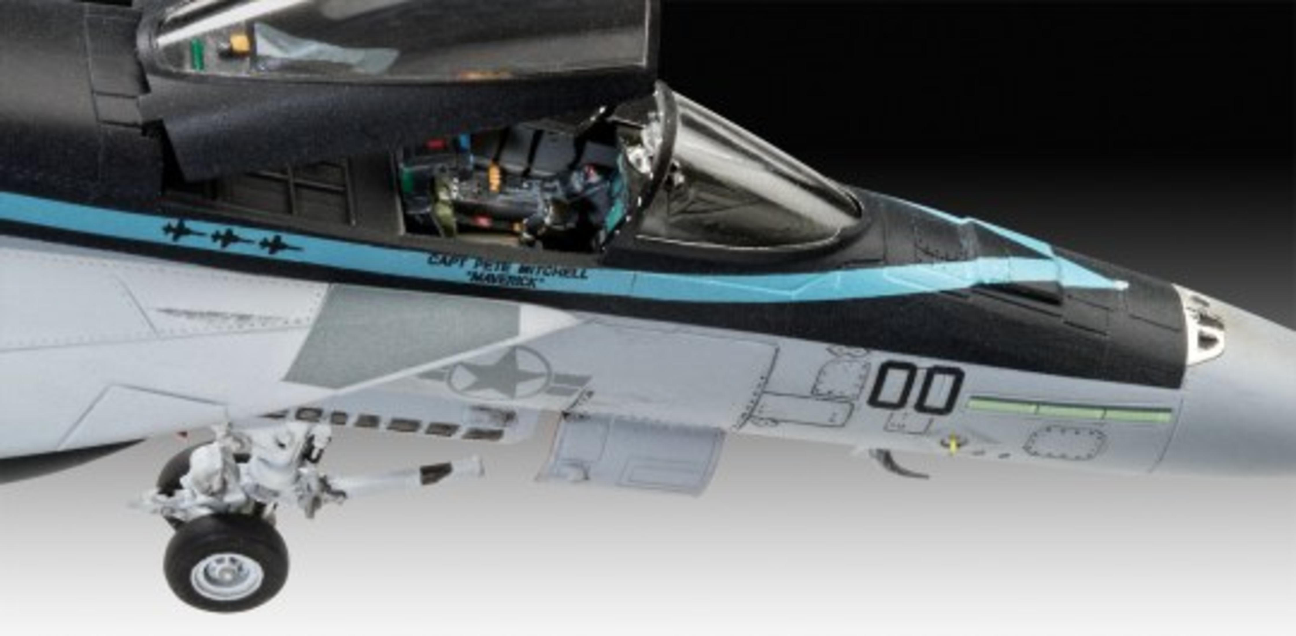 Modellflugzeug-Cockpit mit dem Namen "Maverick" und Details im Inneren. Schwarz und Grau.