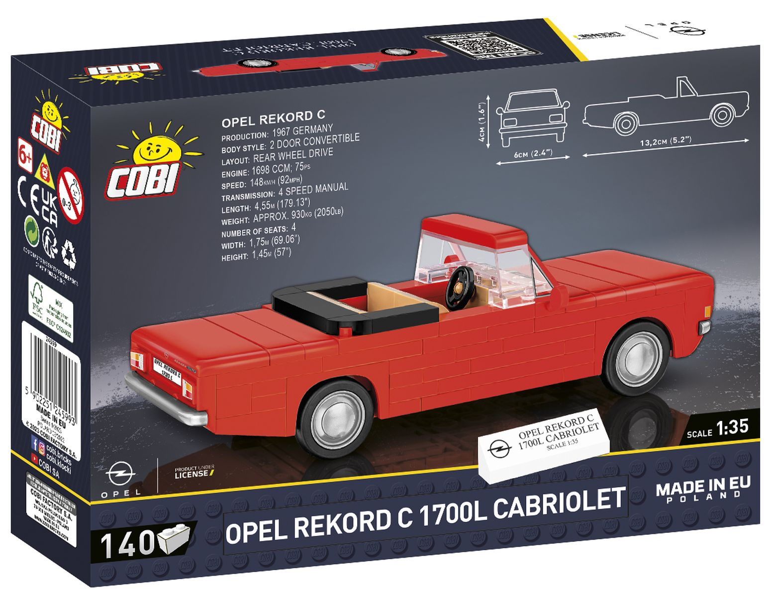 Ein rotes Opel Rekord C 1700L Cabriolet Spielzeugauto-Modell. Die Box zeigt Details und Layout des Autos.