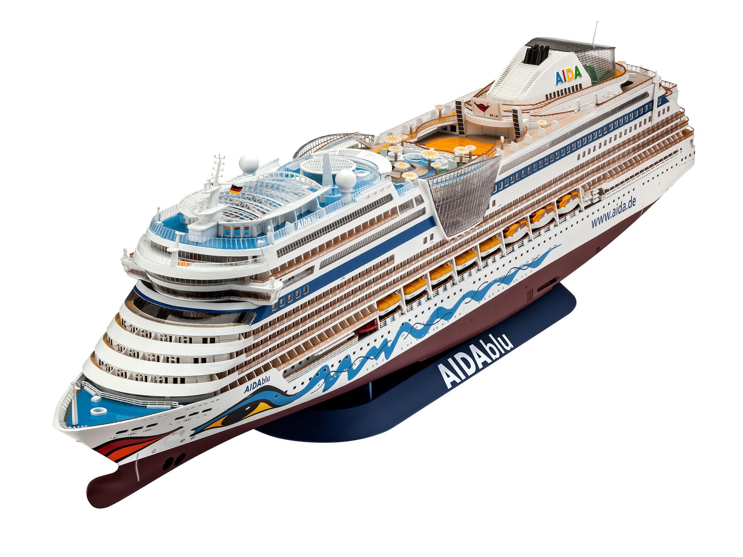 Modello di nave da crociera, AIDAblu, con ponti e base blu.