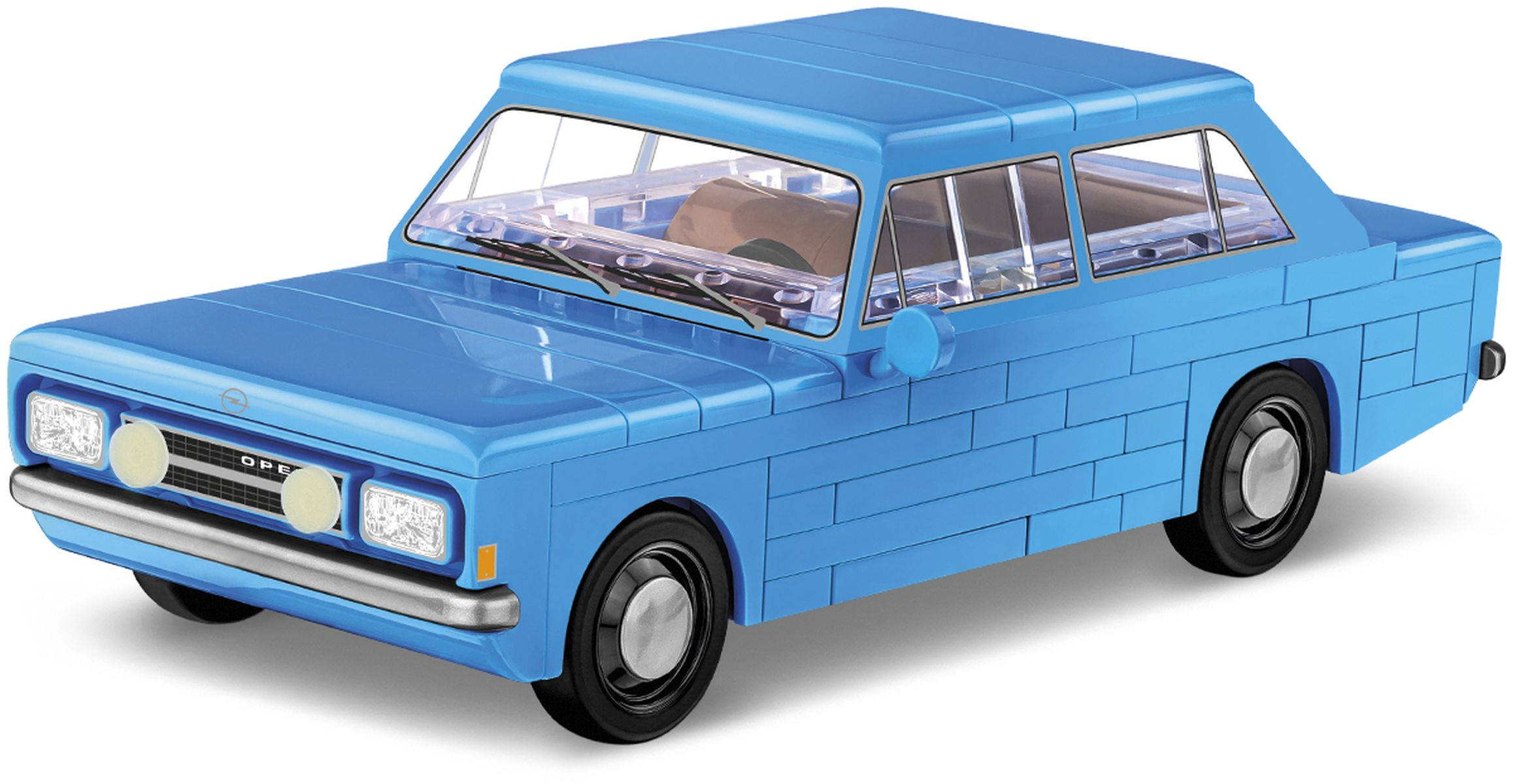 Obraz to model samochodu wykonany z klocków. Niebieski samochód z czarnymi oponami, Opel.