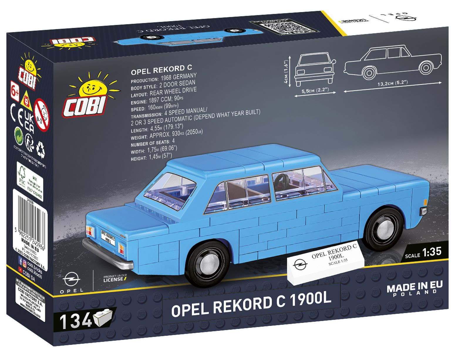 Niebieski model Lego samochodu Opel Rekord C. Zapakowany, ze szczegółami i wymiarami.