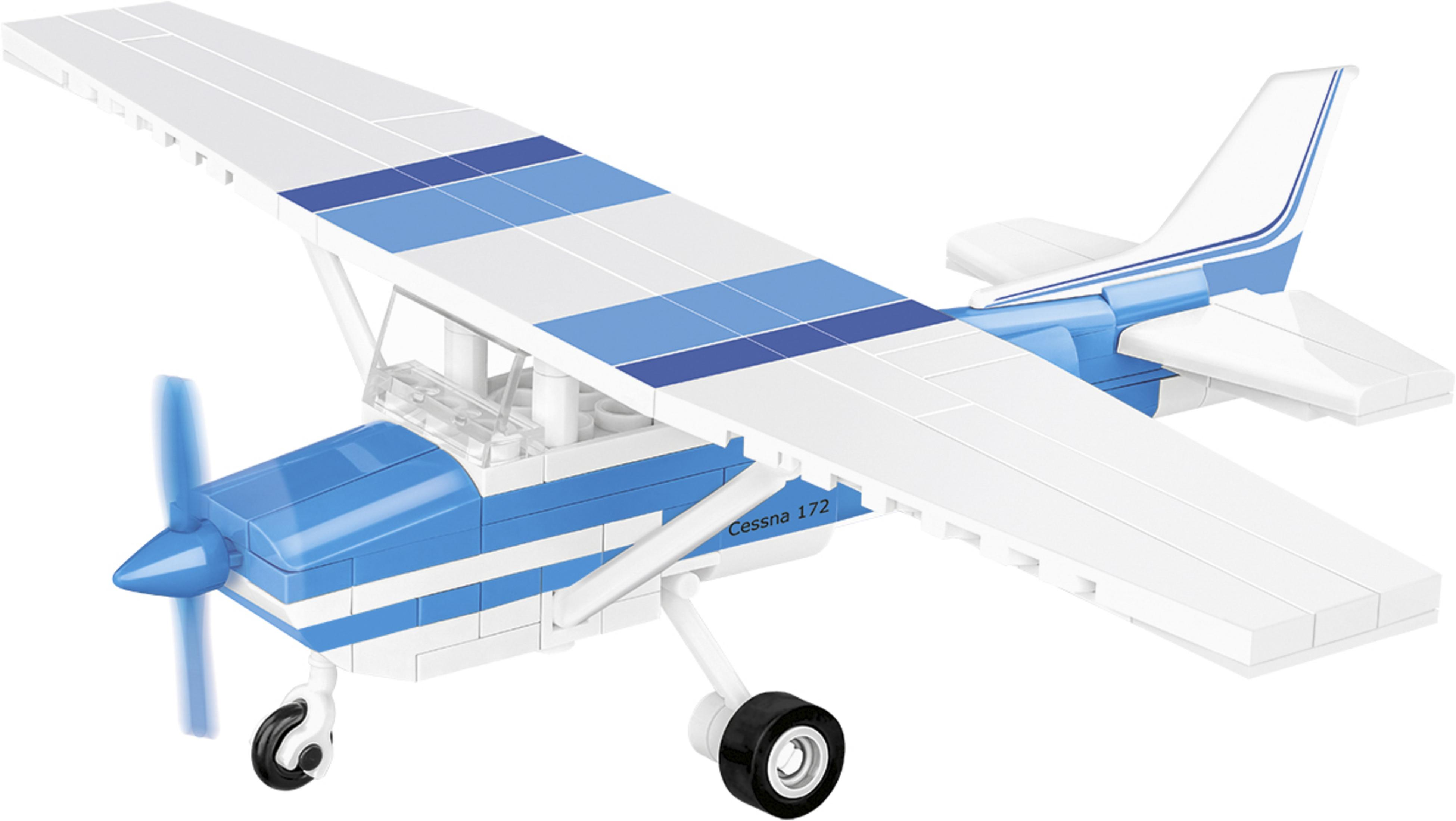 Ein hellblaues und weißes Cessna 172 Flugzeugmodell. Es hat einen Propeller und Räder.