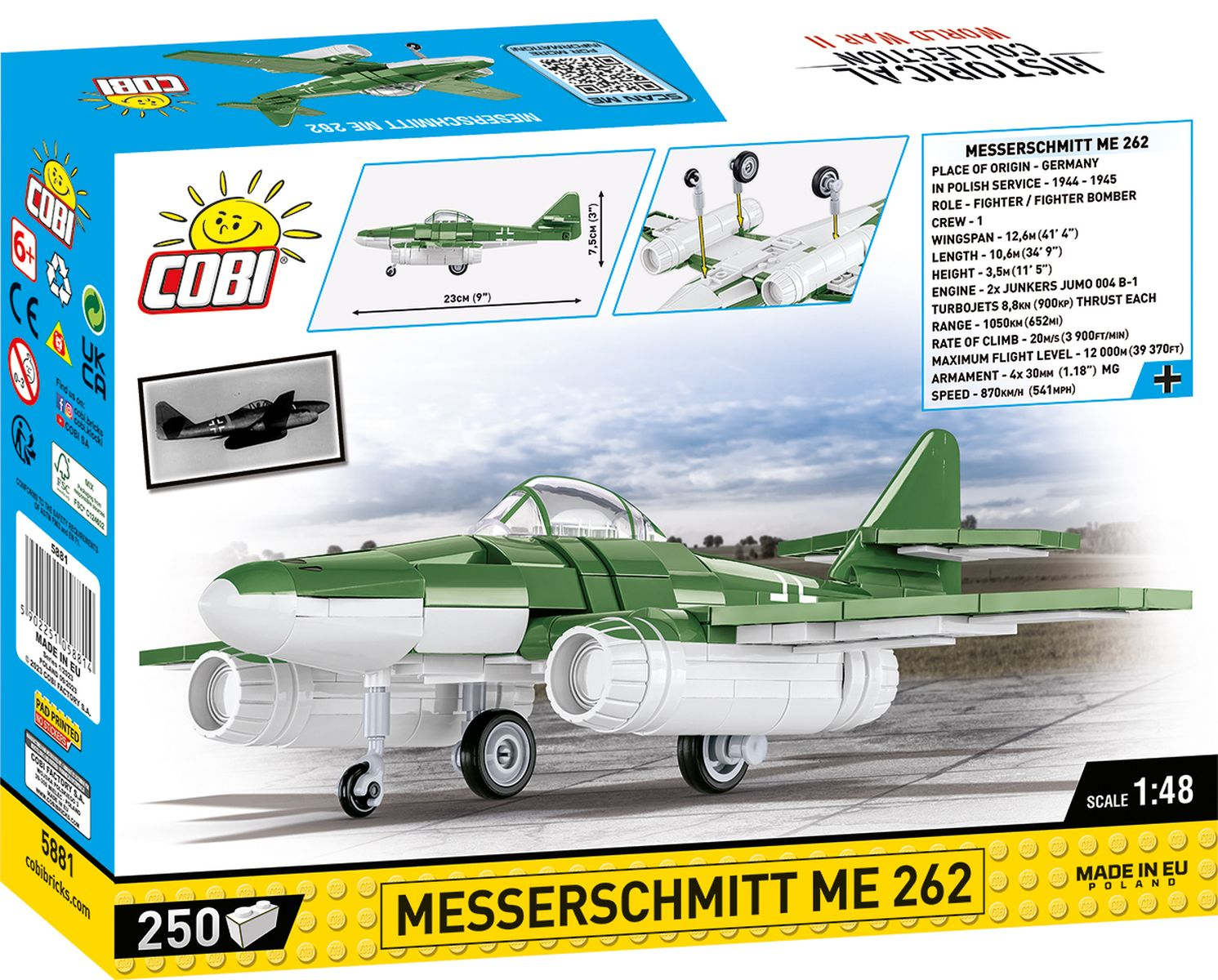 Model Messerschmitt ME 262, zielono-biały, na białej powierzchni. Zapakowany.