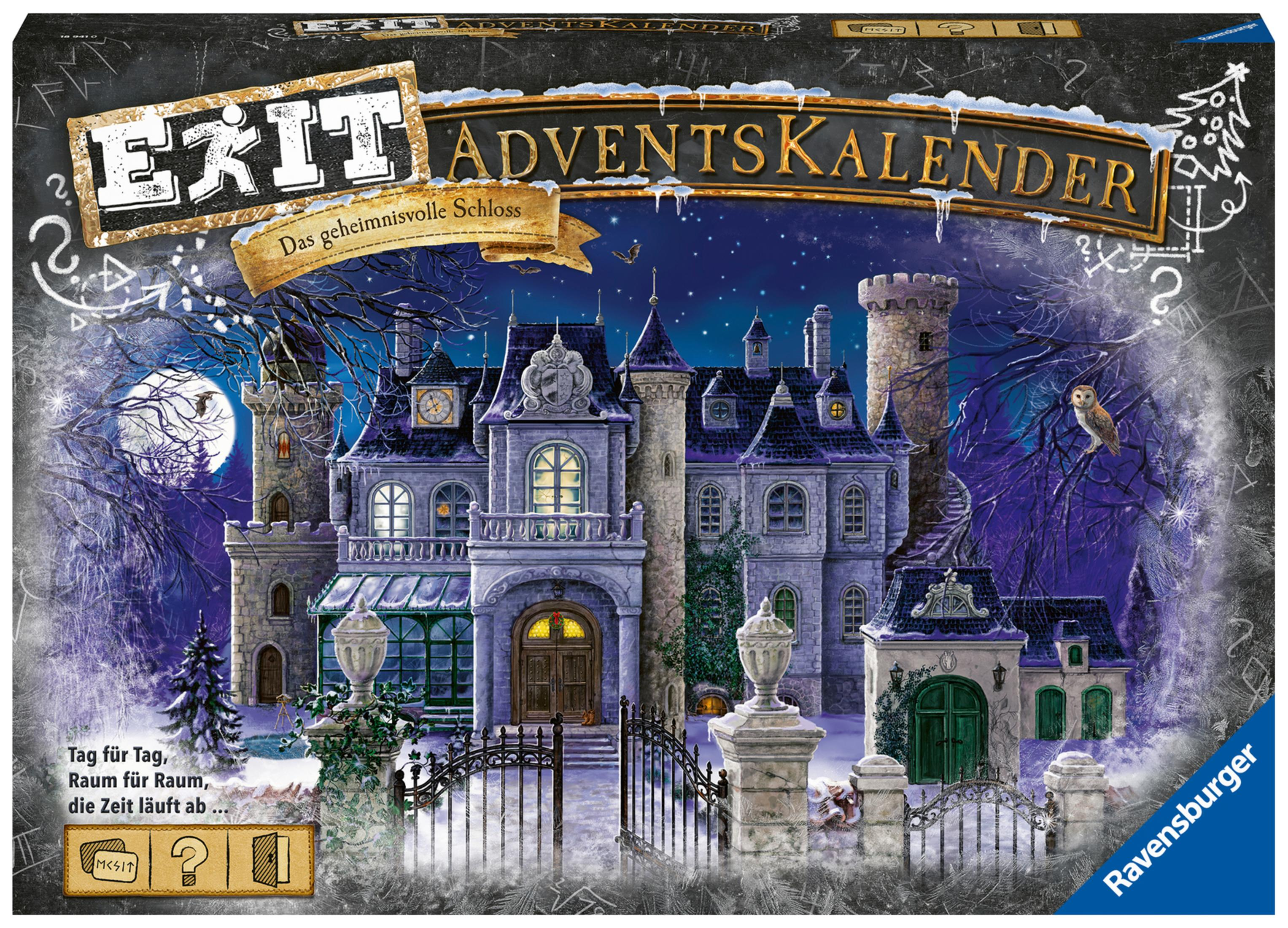 Exit Adventskalender Spielbox mit einer Burg-Illustration. Schnee und Nachthimmel.