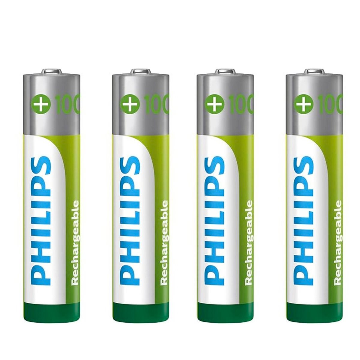 Cztery akumulatory Philips AA. Biało-zielona etykieta z napisem 'PHILIPS' i 'Rechargeable'.