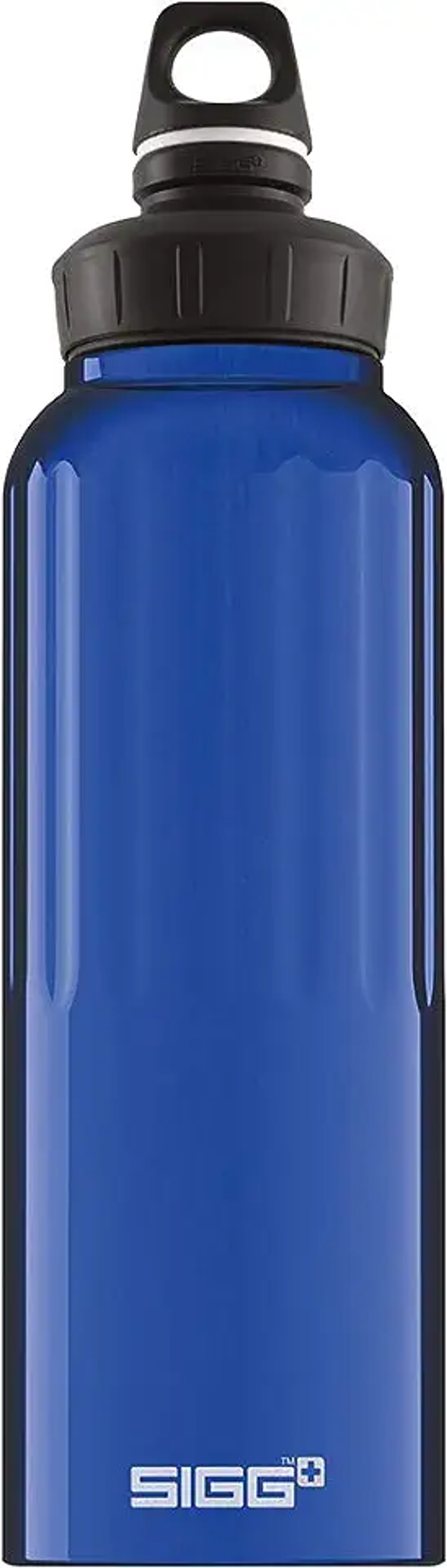 Eine blaue Wasserflasche mit schwarzem Deckel.