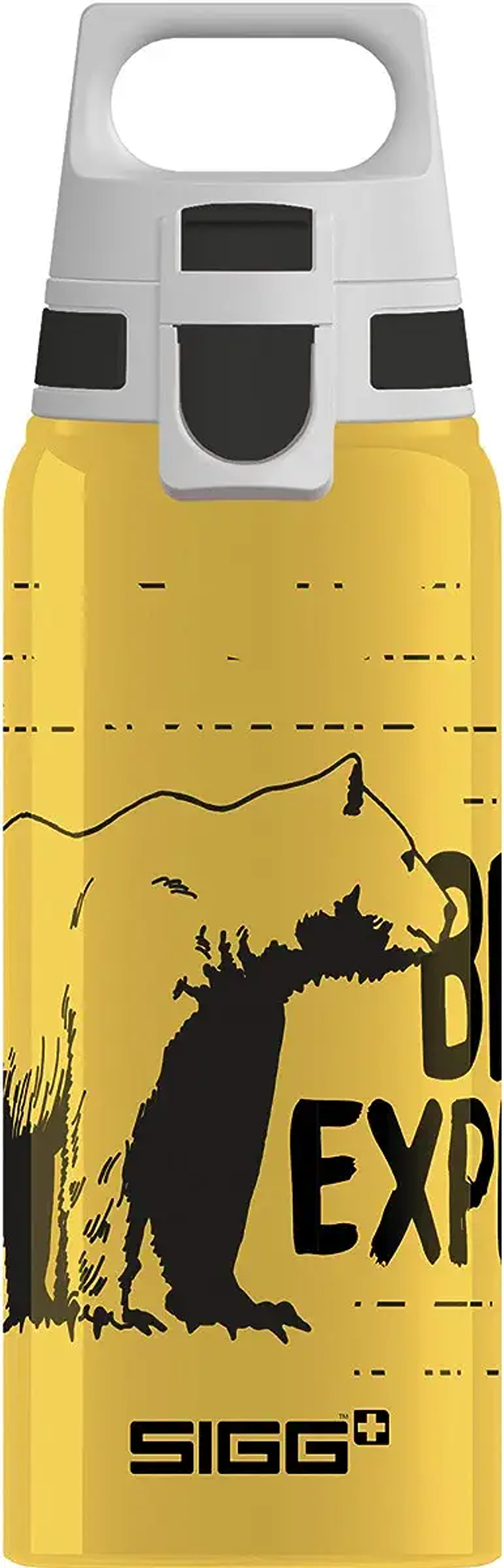 Gelbe Wasserflasche mit Bärenillustration und dem Text 'BIG EXPLORE'.